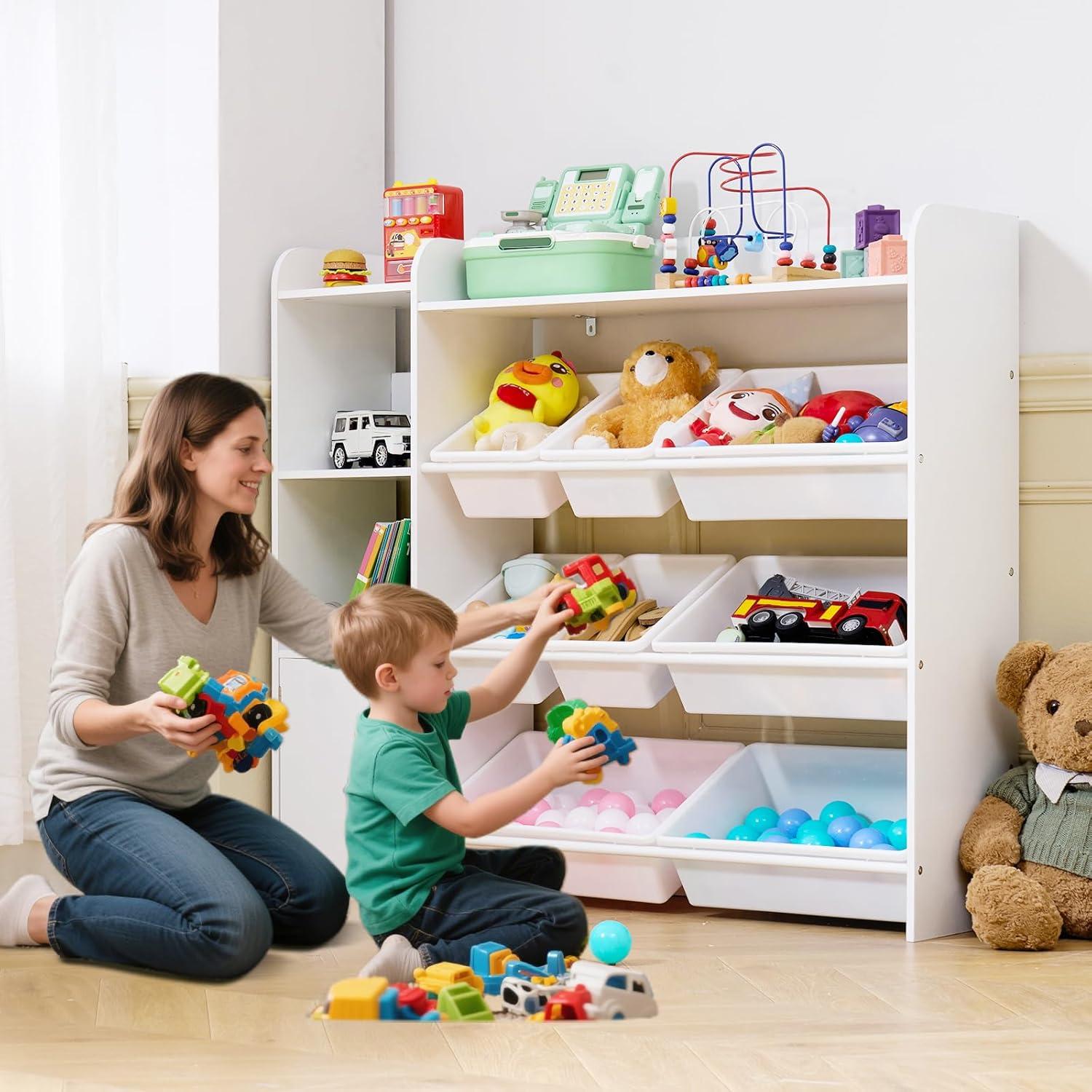 imageVEVOR Kids Toy Storage and Bookshelf 4Tier Large Toy Storage Organizer with 8 Flexible Plastic Bins Kids Cubby Cabinet with Bookshelf for Study Room Bedroom Playroom Classroom Nursery White443 Wide