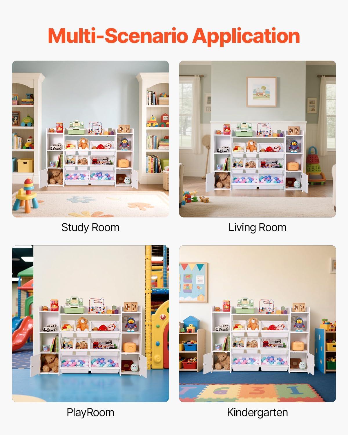 imageVEVOR Kids Toy Storage and Bookshelf 4Tier Large Toy Storage Organizer with 8 Flexible Plastic Bins Kids Cubby Cabinet with Bookshelf for Study Room Bedroom Playroom Classroom Nursery White546 Wide