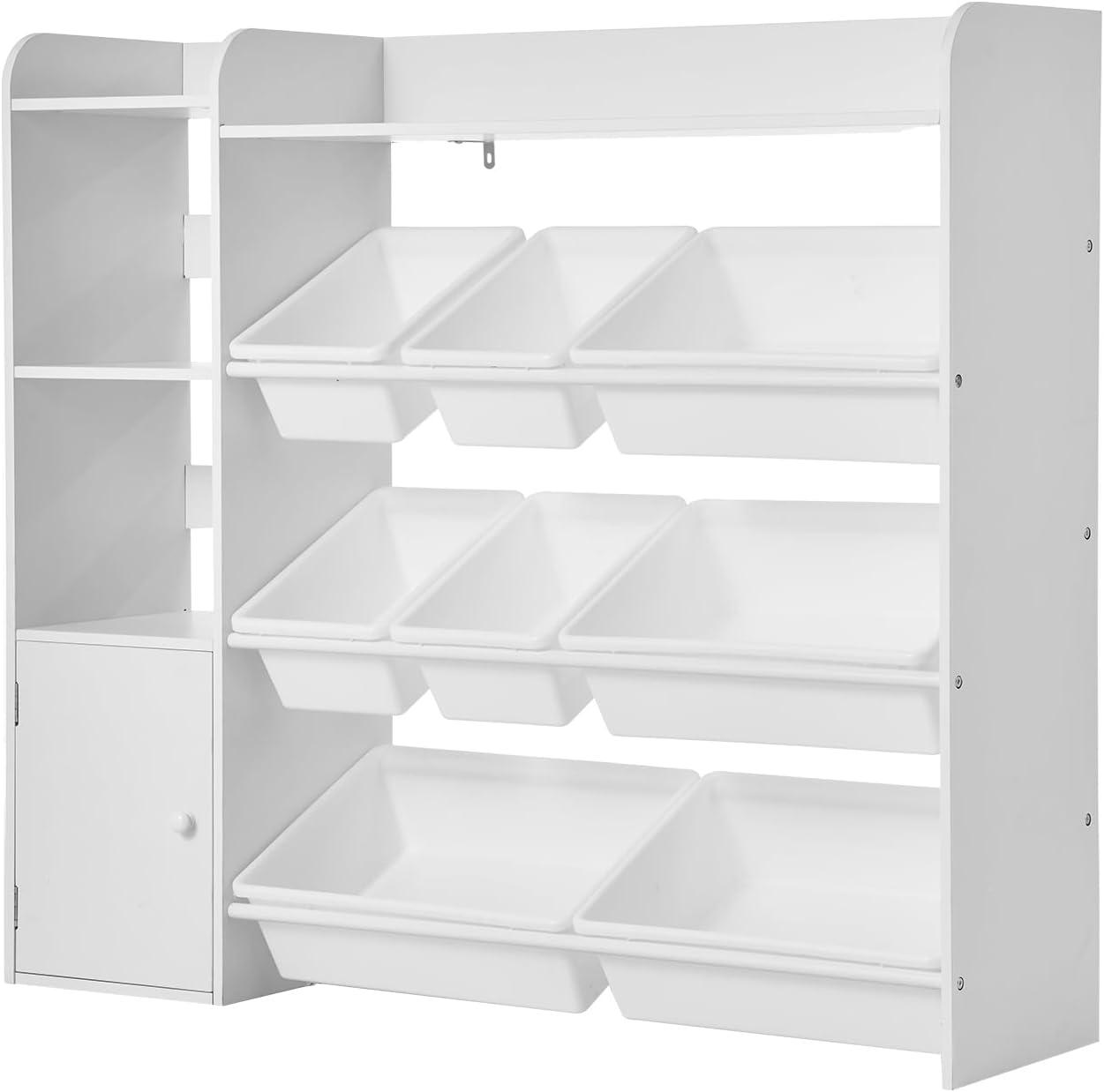 imageVEVOR Kids Toy Storage and Bookshelf 4Tier Large Toy Storage Organizer with 8 Flexible Plastic Bins Kids Cubby Cabinet with Bookshelf for Study Room Bedroom Playroom Classroom Nursery White443 Wide