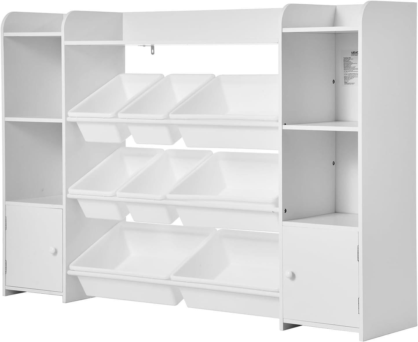 imageVEVOR Kids Toy Storage and Bookshelf 4Tier Large Toy Storage Organizer with 8 Flexible Plastic Bins Kids Cubby Cabinet with Bookshelf for Study Room Bedroom Playroom Classroom Nursery White546 Wide
