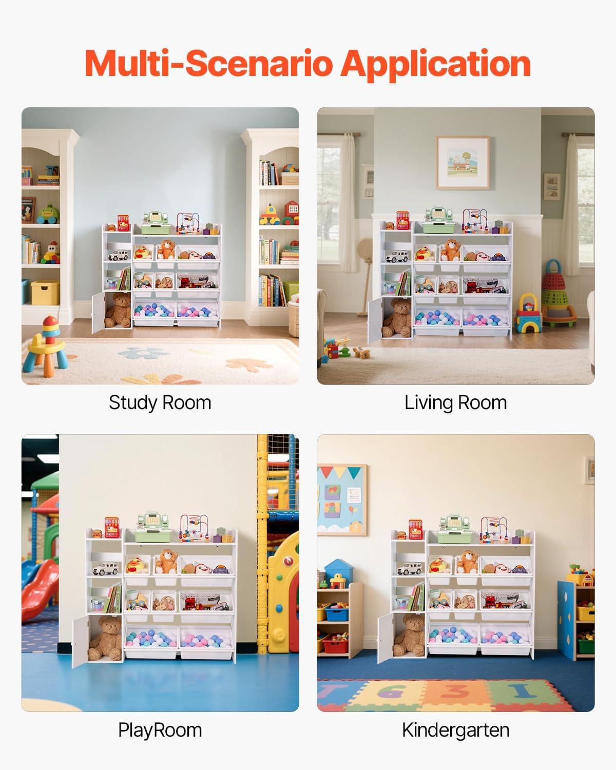 imageVEVOR Kids Toy Storage and Bookshelf 4Tier Large Toy Storage Organizer with 8 Flexible Plastic Bins Kids Cubby Cabinet with Bookshelf for Study Room Bedroom Playroom Classroom Nursery White443 Wide