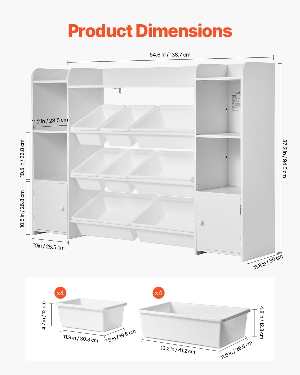 imageVEVOR Kids Toy Storage and Bookshelf 4Tier Large Toy Storage Organizer with 8 Flexible Plastic Bins Kids Cubby Cabinet with Bookshelf for Study Room Bedroom Playroom Classroom Nursery White546 Wide