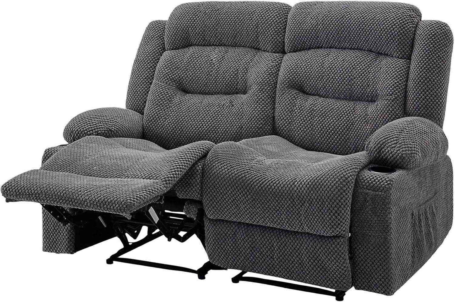 imageVEVOR Loveseat Recliner Sofa Manual Reclining Couch with Heating and Massage Soft Corduroy Recliner Sofa with USB Ports Cup Holders and Side Storage Bags Dual Loveseat Chair for Living Room Grey