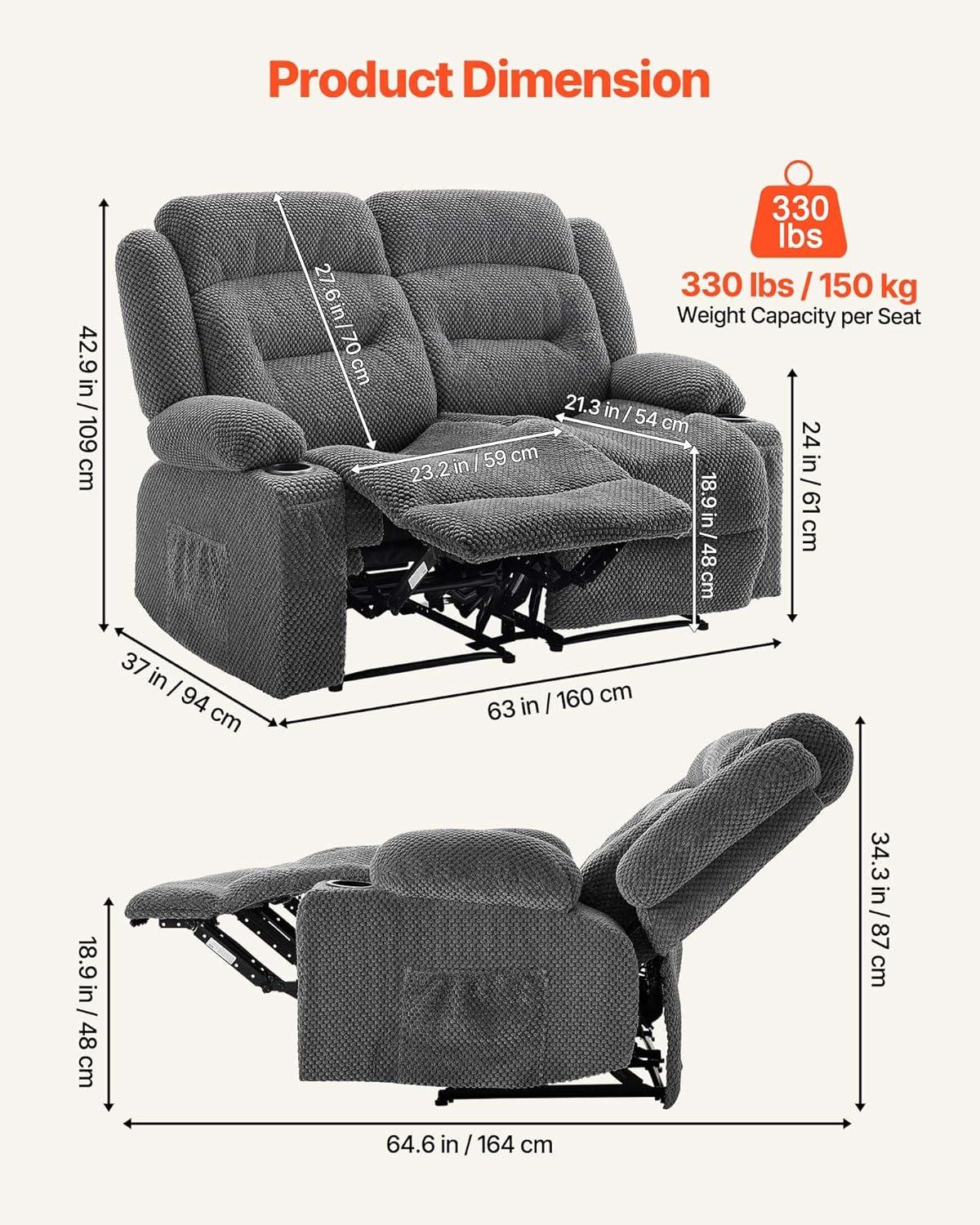 imageVEVOR Loveseat Recliner Sofa Manual Reclining Couch with Heating and Massage Soft Corduroy Recliner Sofa with USB Ports Cup Holders and Side Storage Bags Dual Loveseat Chair for Living Room Grey
