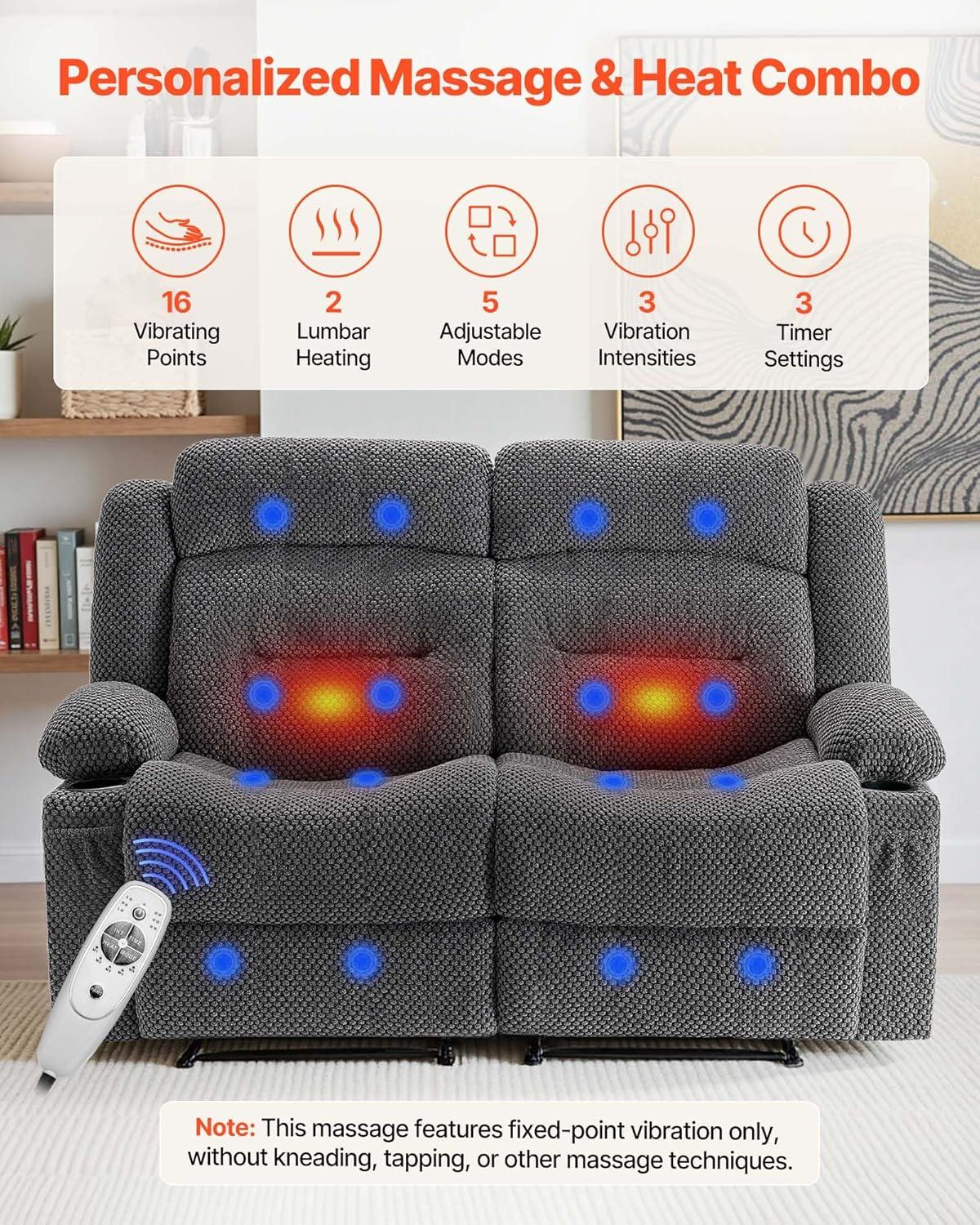 imageVEVOR Loveseat Recliner Sofa Manual Reclining Couch with Heating and Massage Soft Corduroy Recliner Sofa with USB Ports Cup Holders and Side Storage Bags Dual Loveseat Chair for Living Room Grey