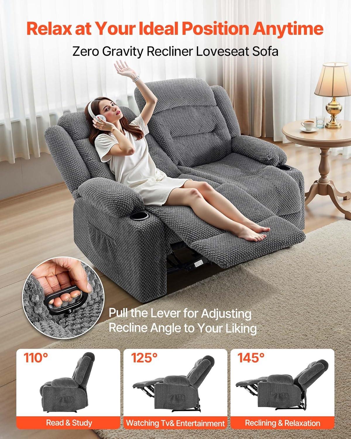 imageVEVOR Loveseat Recliner Sofa Manual Reclining Couch with Heating and Massage Soft Corduroy Recliner Sofa with USB Ports Cup Holders and Side Storage Bags Dual Loveseat Chair for Living Room Grey