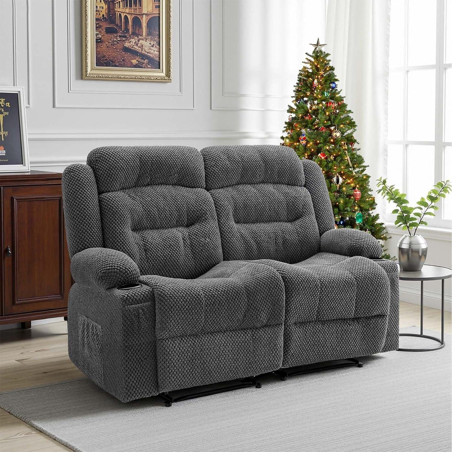 imageVEVOR Loveseat Recliner Sofa Manual Reclining Couch with Heating and Massage Soft Corduroy Recliner Sofa with USB Ports Cup Holders and Side Storage Bags Dual Loveseat Chair for Living Room Grey