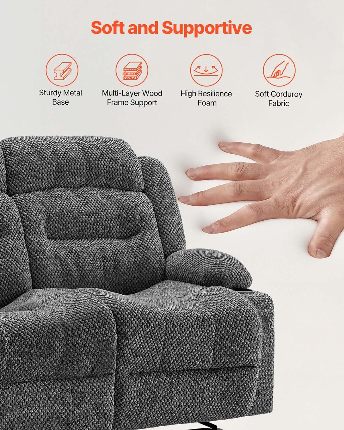 imageVEVOR Loveseat Recliner Sofa Manual Reclining Couch with Heating and Massage Soft Corduroy Recliner Sofa with USB Ports Cup Holders and Side Storage Bags Dual Loveseat Chair for Living Room Grey