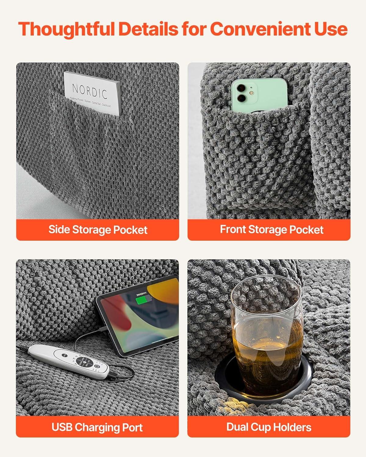 imageVEVOR Loveseat Recliner Sofa Manual Reclining Couch with Heating and Massage Soft Corduroy Recliner Sofa with USB Ports Cup Holders and Side Storage Bags Dual Loveseat Chair for Living Room Grey