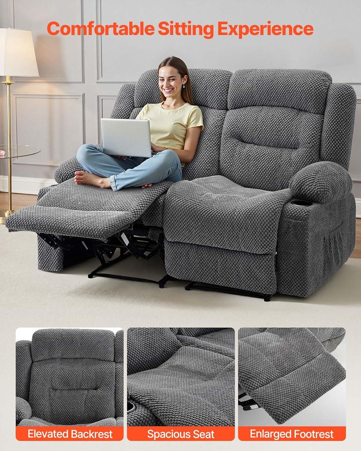 imageVEVOR Loveseat Recliner Sofa Manual Reclining Couch with Heating and Massage Soft Corduroy Recliner Sofa with USB Ports Cup Holders and Side Storage Bags Dual Loveseat Chair for Living Room Grey