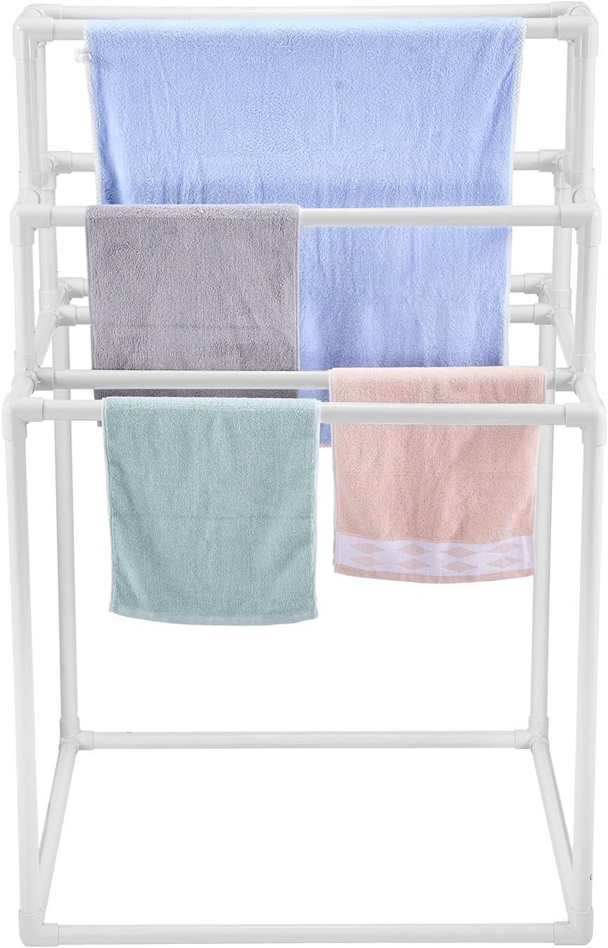 imageVEVOR Pool Towel Rack 5 Bar White Freestanding Outdoor PVC Trapedozal Poolside Storage Organizer Include 8 Towel Clips Mesh Bag Hook Also Stores Floats and Paddles for Beach Swimming PoolWhite