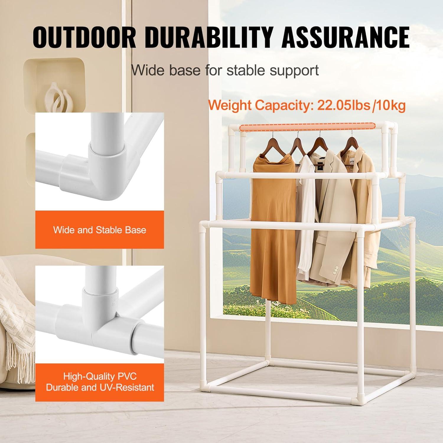 imageVEVOR Pool Towel Rack 5 Bar White Freestanding Outdoor PVC Trapedozal Poolside Storage Organizer Include 8 Towel Clips Mesh Bag Hook Also Stores Floats and Paddles for Beach Swimming PoolWhite