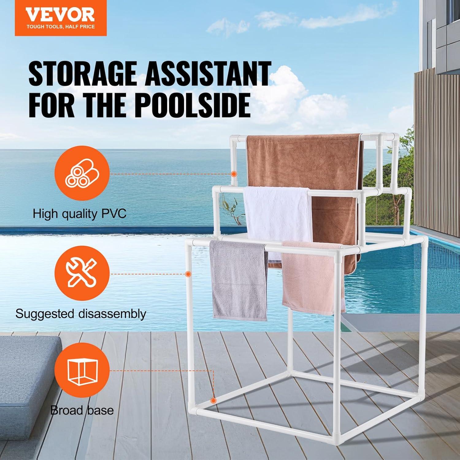 imageVEVOR Pool Towel Rack 5 Bar White Freestanding Outdoor PVC Trapedozal Poolside Storage Organizer Include 8 Towel Clips Mesh Bag Hook Also Stores Floats and Paddles for Beach Swimming PoolWhite