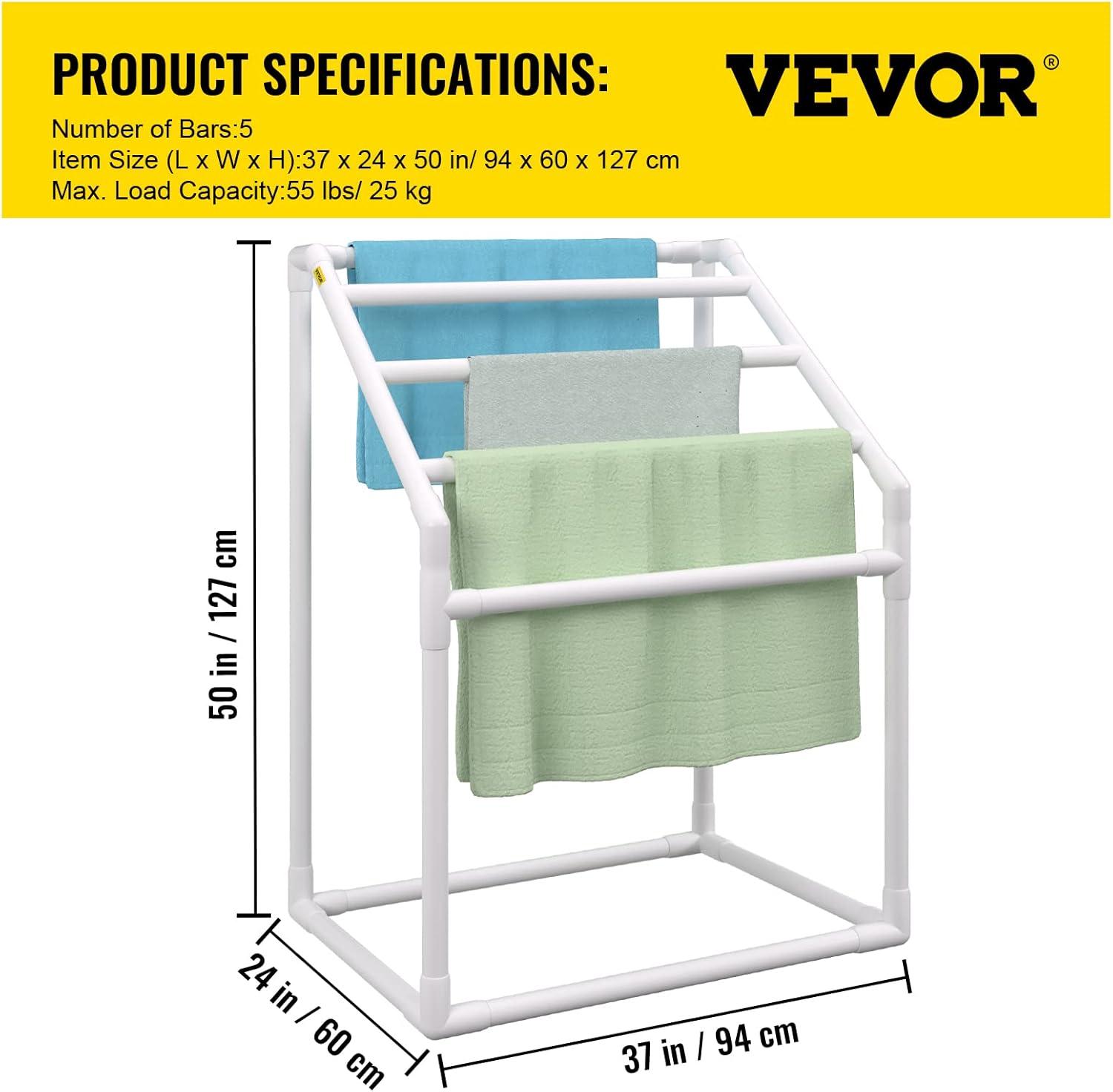 imageVEVOR Pool Towel Rack 5 Bar White Freestanding Outdoor PVC Trapedozal Poolside Storage Organizer Include 8 Towel Clips Mesh Bag Hook Also Stores Floats and Paddles for Beach Swimming PoolWhite