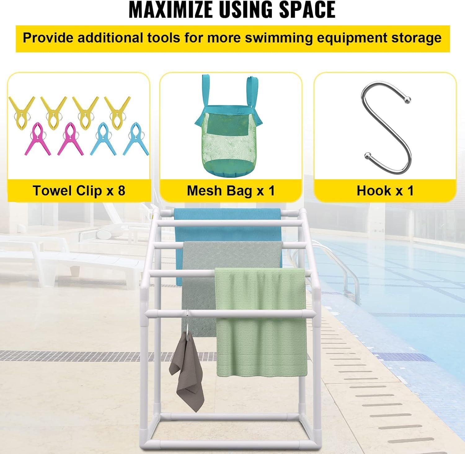 imageVEVOR Pool Towel Rack 5 Bar White Freestanding Outdoor PVC Trapedozal Poolside Storage Organizer Include 8 Towel Clips Mesh Bag Hook Also Stores Floats and Paddles for Beach Swimming PoolWhite