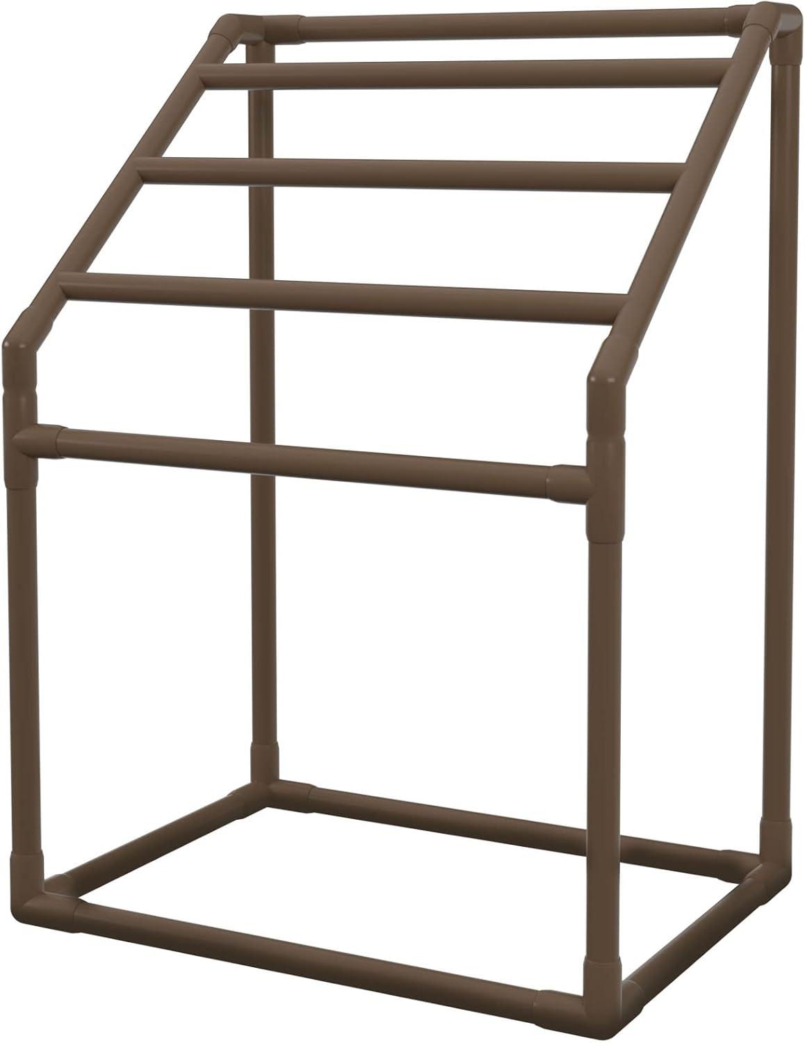 imageVEVOR Pool Towel Rack 5 Bar White Freestanding Outdoor PVC Trapedozal Poolside Storage Organizer Include 8 Towel Clips Mesh Bag Hook Also Stores Floats and Paddles for Beach Swimming PoolBrown