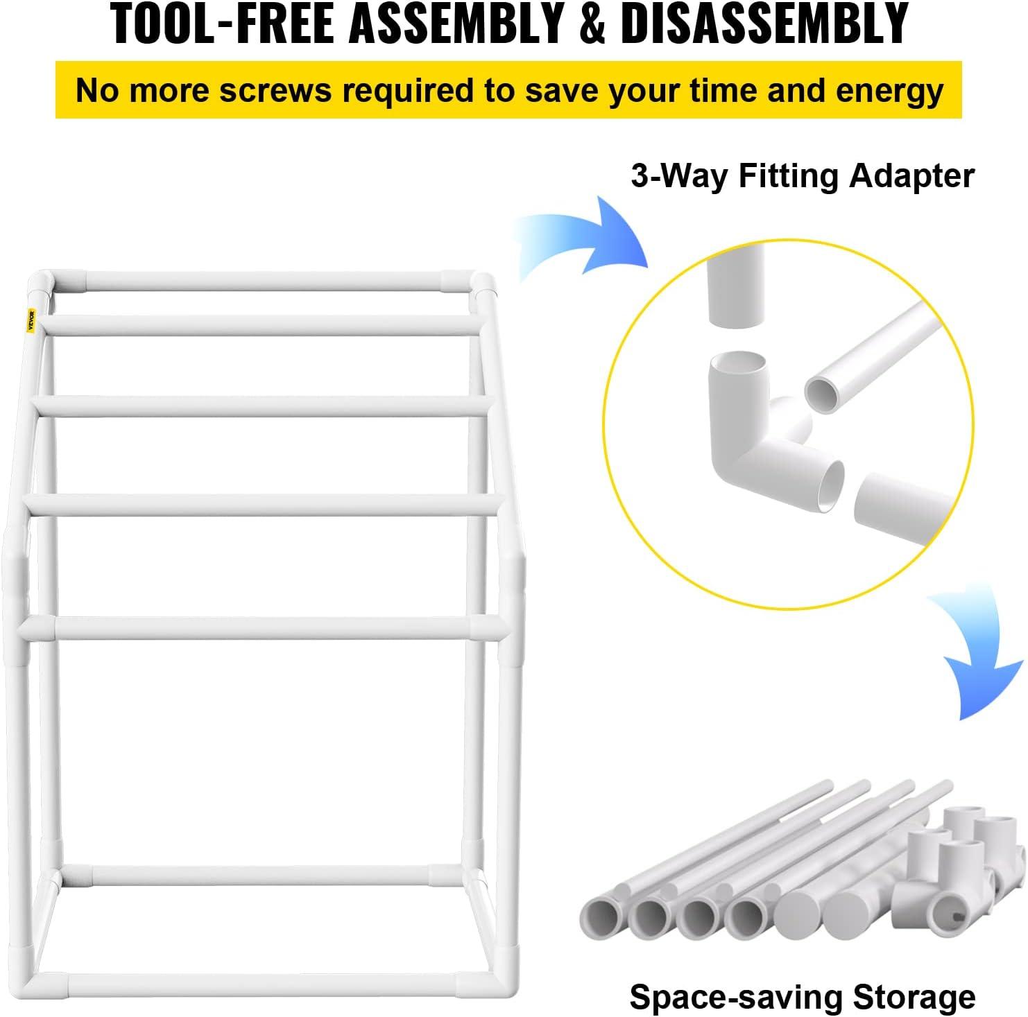 imageVEVOR Pool Towel Rack 5 Bar White Freestanding Outdoor PVC Trapedozal Poolside Storage Organizer Include 8 Towel Clips Mesh Bag Hook Also Stores Floats and Paddles for Beach Swimming PoolWhite