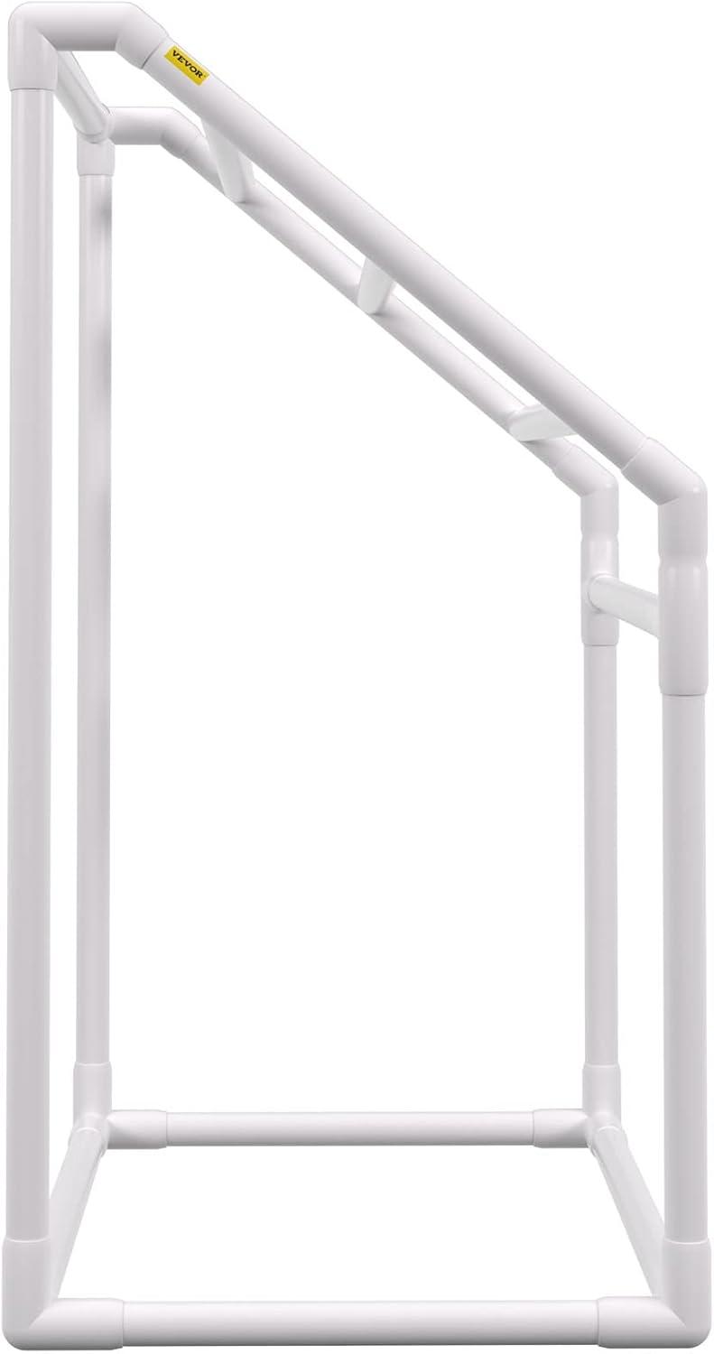 imageVEVOR Pool Towel Rack 5 Bar White Freestanding Outdoor PVC Trapedozal Poolside Storage Organizer Include 8 Towel Clips Mesh Bag Hook Also Stores Floats and Paddles for Beach Swimming PoolWhite