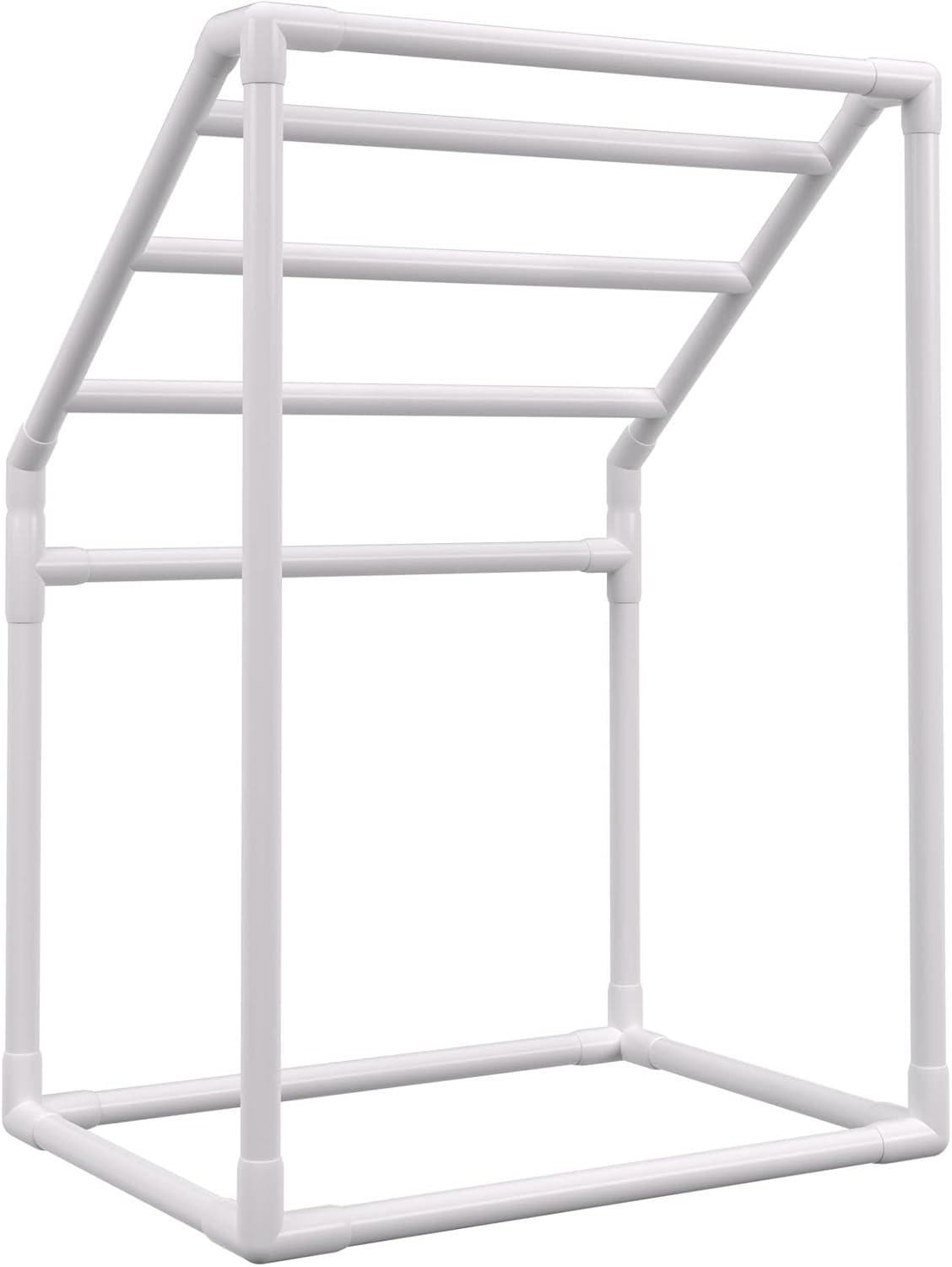 imageVEVOR Pool Towel Rack 5 Bar White Freestanding Outdoor PVC Trapedozal Poolside Storage Organizer Include 8 Towel Clips Mesh Bag Hook Also Stores Floats and Paddles for Beach Swimming PoolWhite
