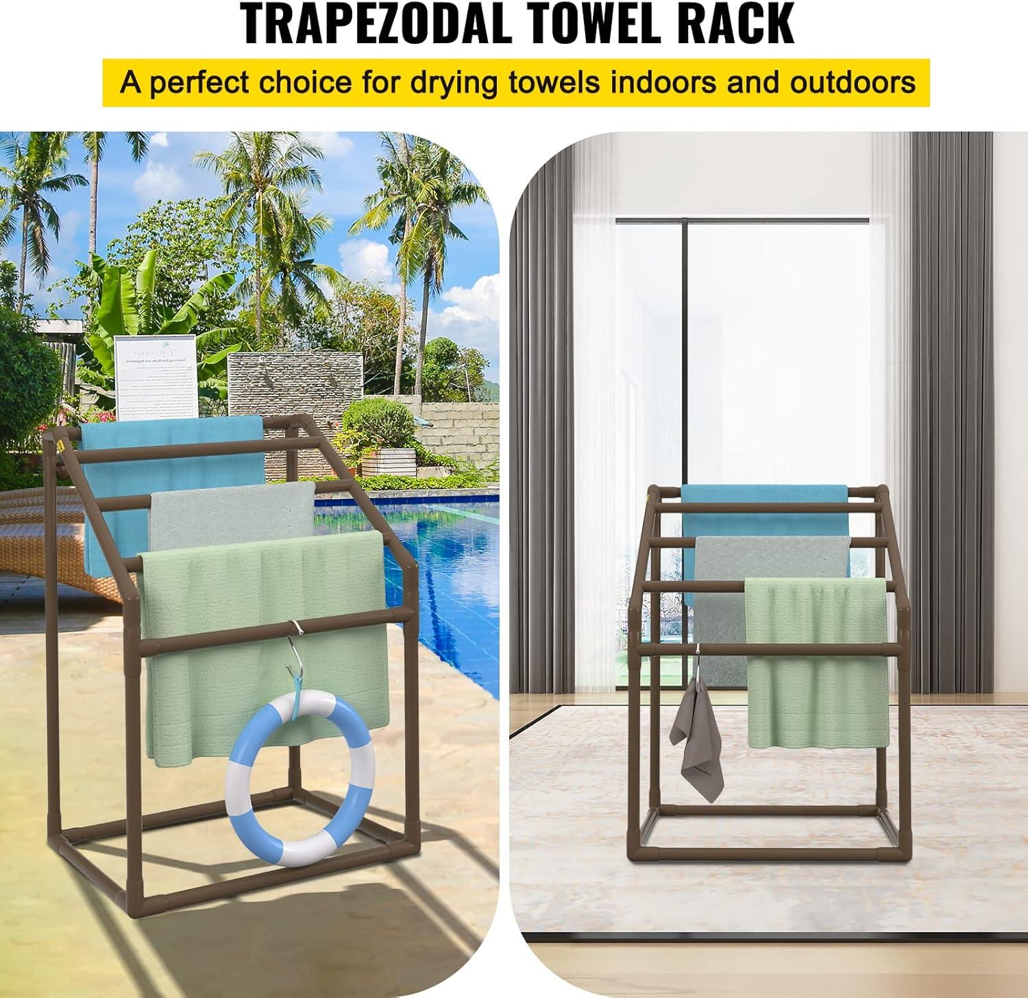 imageVEVOR Pool Towel Rack 5 Bar White Freestanding Outdoor PVC Trapedozal Poolside Storage Organizer Include 8 Towel Clips Mesh Bag Hook Also Stores Floats and Paddles for Beach Swimming PoolBrown