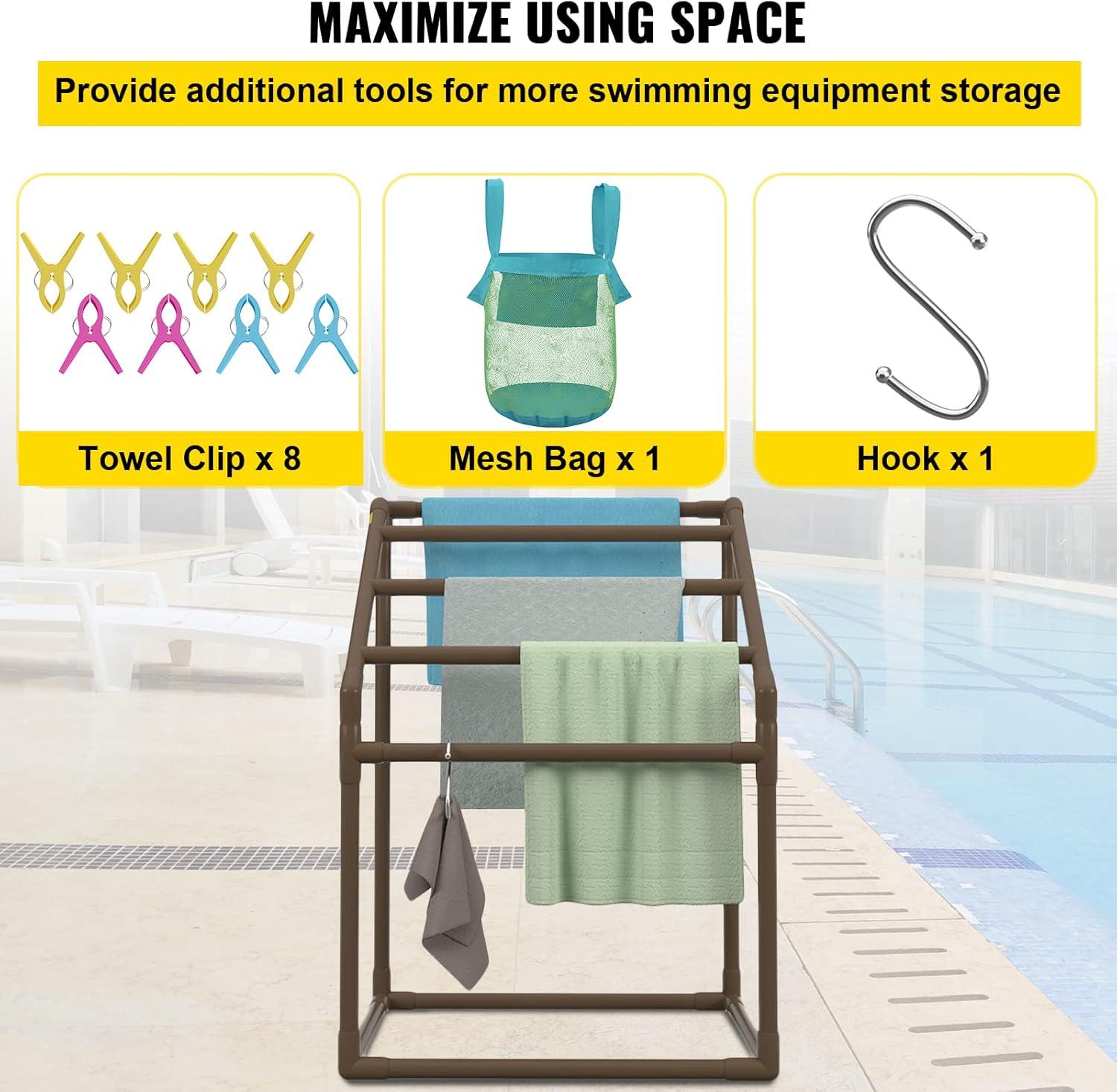 imageVEVOR Pool Towel Rack 5 Bar White Freestanding Outdoor PVC Trapedozal Poolside Storage Organizer Include 8 Towel Clips Mesh Bag Hook Also Stores Floats and Paddles for Beach Swimming PoolBrown