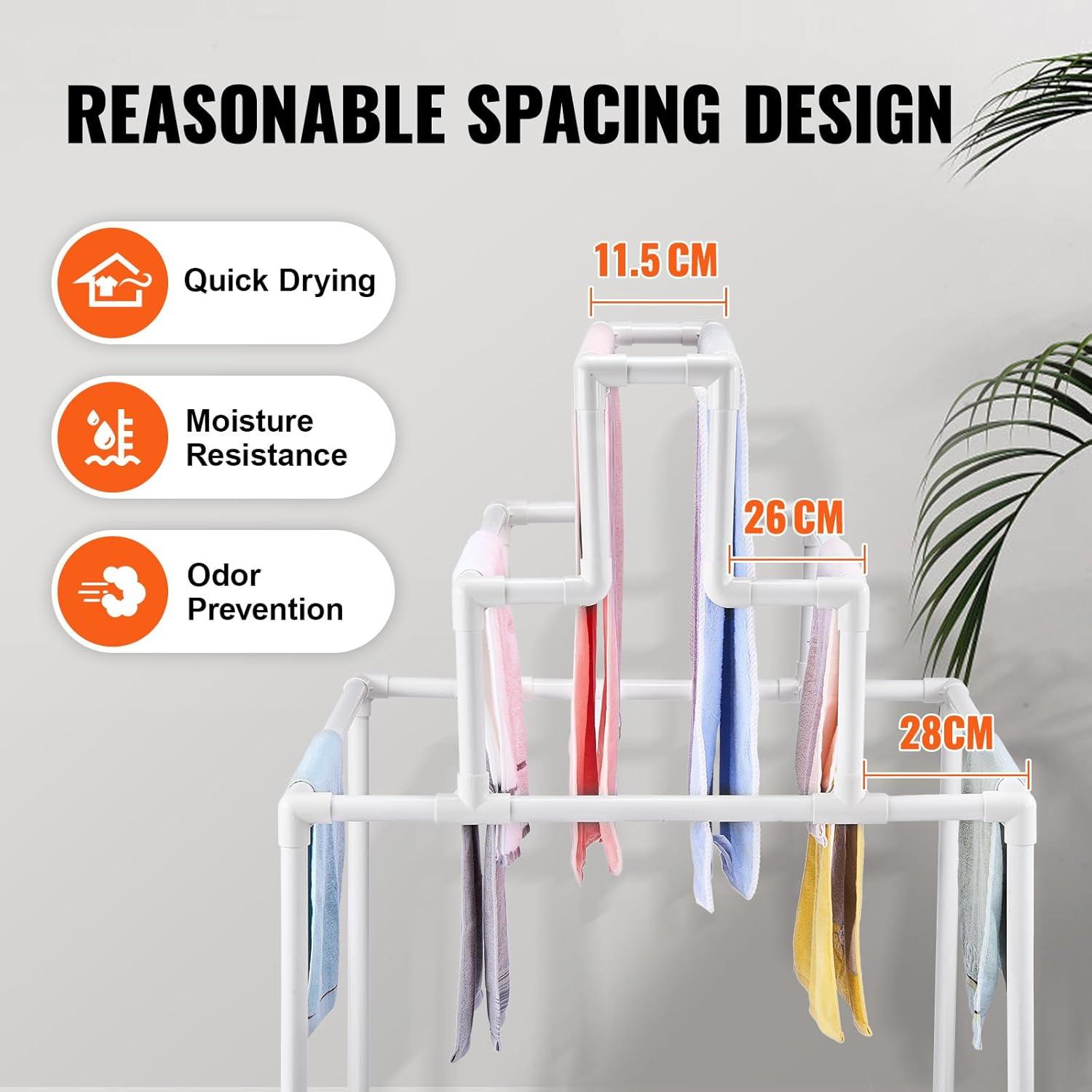 imageVEVOR Pool Towel Rack 5 Bar White Freestanding Outdoor PVC Trapedozal Poolside Storage Organizer Include 8 Towel Clips Mesh Bag Hook Also Stores Floats and Paddles for Beach Swimming PoolWhite