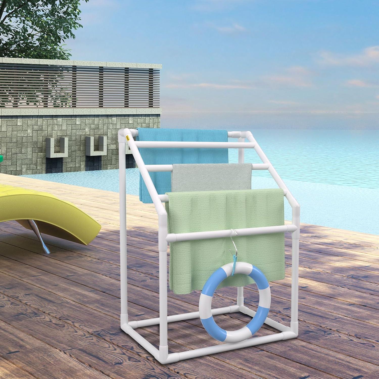 imageVEVOR Pool Towel Rack 5 Bar White Freestanding Outdoor PVC Trapedozal Poolside Storage Organizer Include 8 Towel Clips Mesh Bag Hook Also Stores Floats and Paddles for Beach Swimming PoolWhite