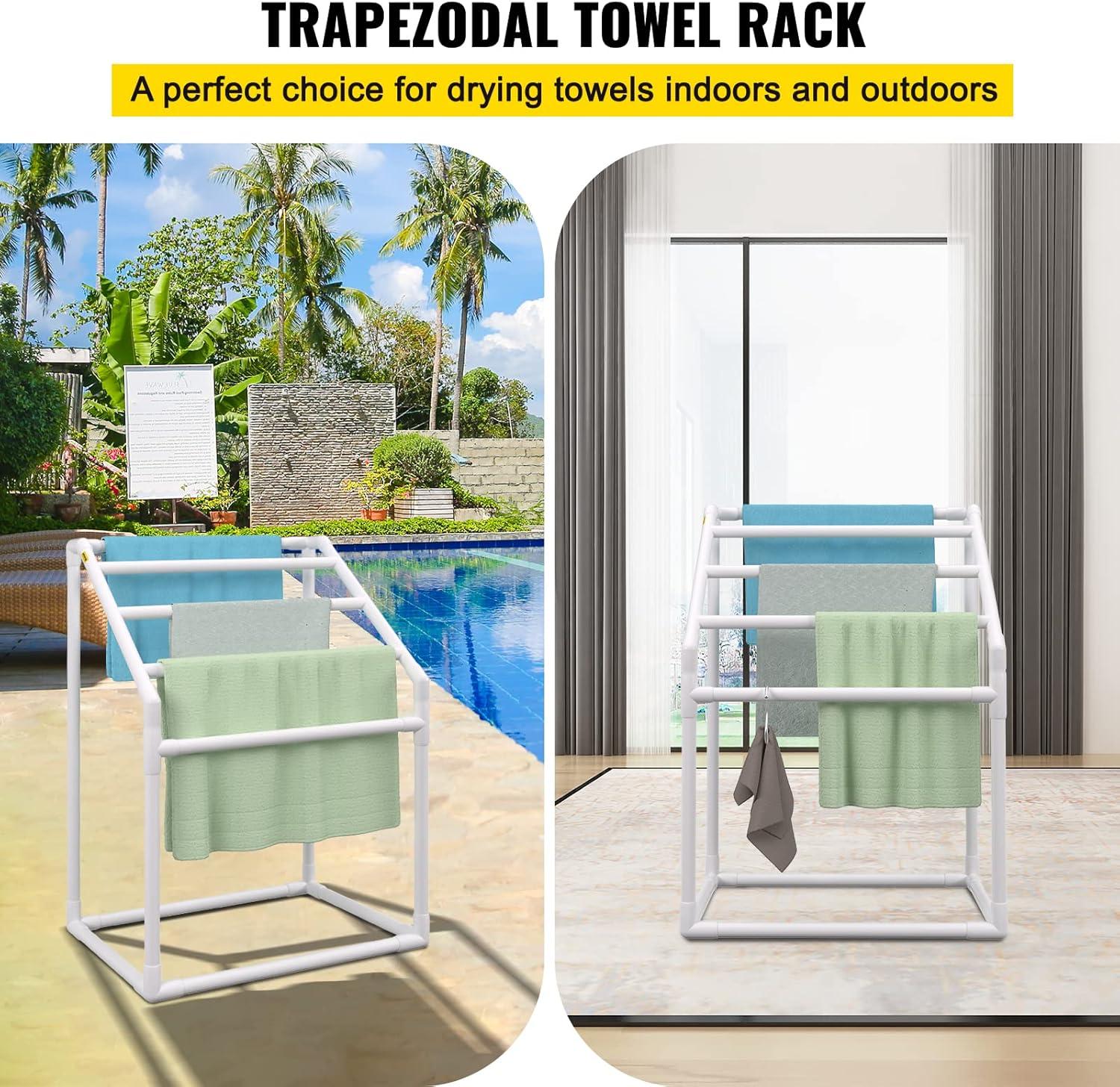 imageVEVOR Pool Towel Rack 5 Bar White Freestanding Outdoor PVC Trapedozal Poolside Storage Organizer Include 8 Towel Clips Mesh Bag Hook Also Stores Floats and Paddles for Beach Swimming PoolWhite