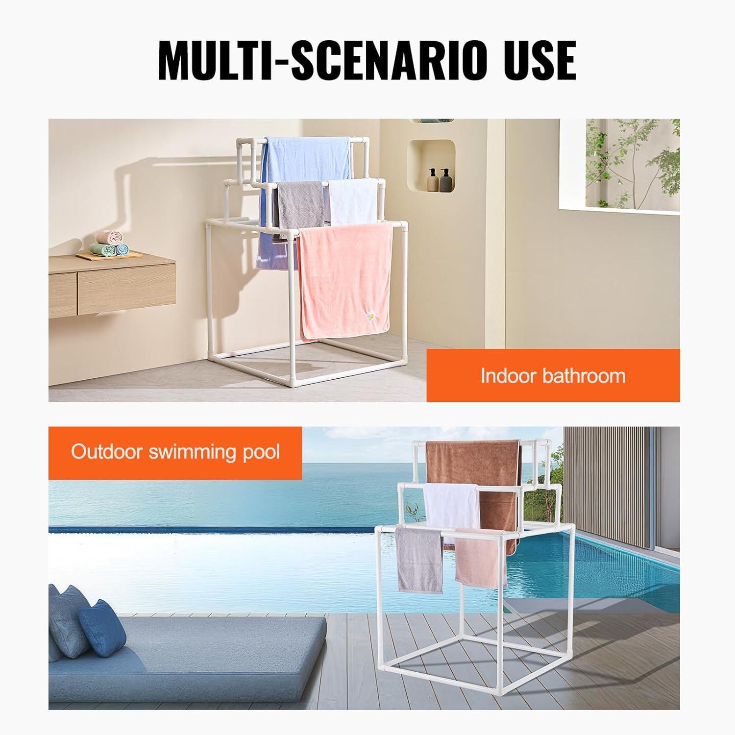 imageVEVOR Pool Towel Rack 5 Bar White Freestanding Outdoor PVC Trapedozal Poolside Storage Organizer Include 8 Towel Clips Mesh Bag Hook Also Stores Floats and Paddles for Beach Swimming PoolWhite