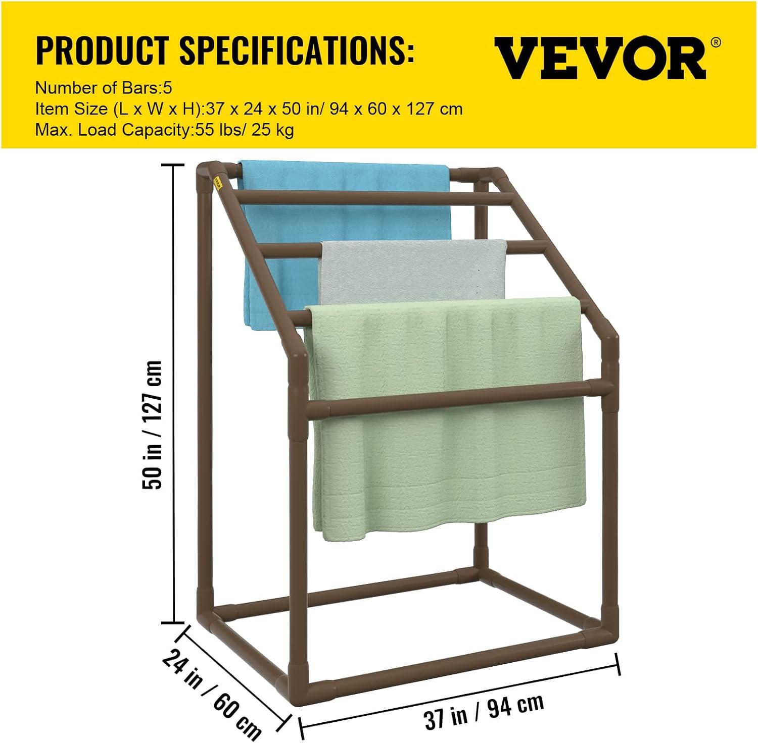 imageVEVOR Pool Towel Rack 5 Bar White Freestanding Outdoor PVC Trapedozal Poolside Storage Organizer Include 8 Towel Clips Mesh Bag Hook Also Stores Floats and Paddles for Beach Swimming PoolBrown