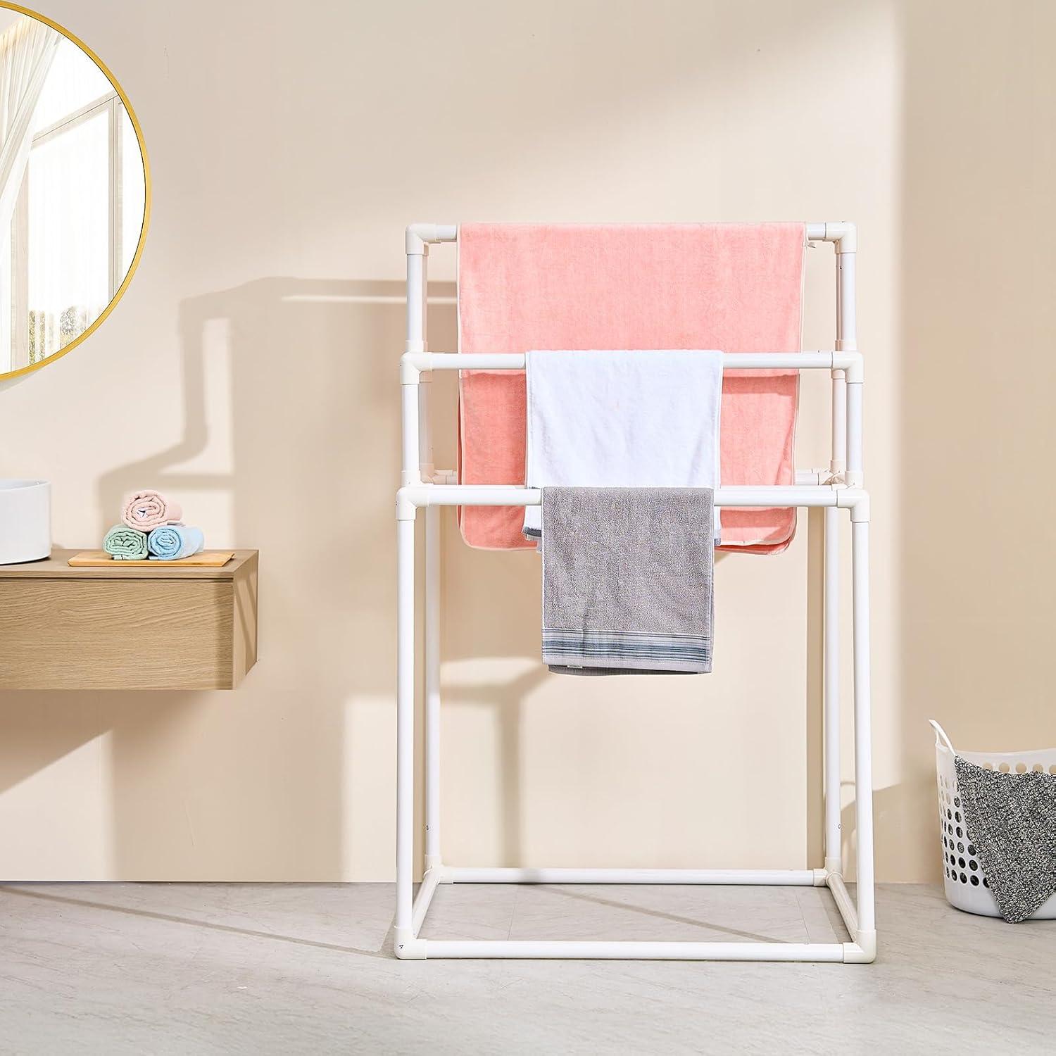imageVEVOR Pool Towel Rack 5 Bar White Freestanding Outdoor PVC Trapedozal Poolside Storage Organizer Include 8 Towel Clips Mesh Bag Hook Also Stores Floats and Paddles for Beach Swimming PoolWhite