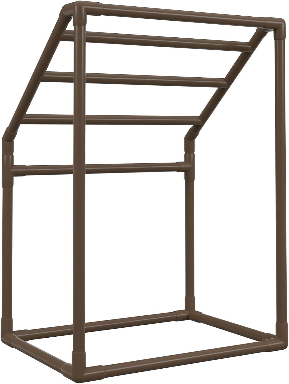 imageVEVOR Pool Towel Rack 5 Bar White Freestanding Outdoor PVC Trapedozal Poolside Storage Organizer Include 8 Towel Clips Mesh Bag Hook Also Stores Floats and Paddles for Beach Swimming PoolBrown