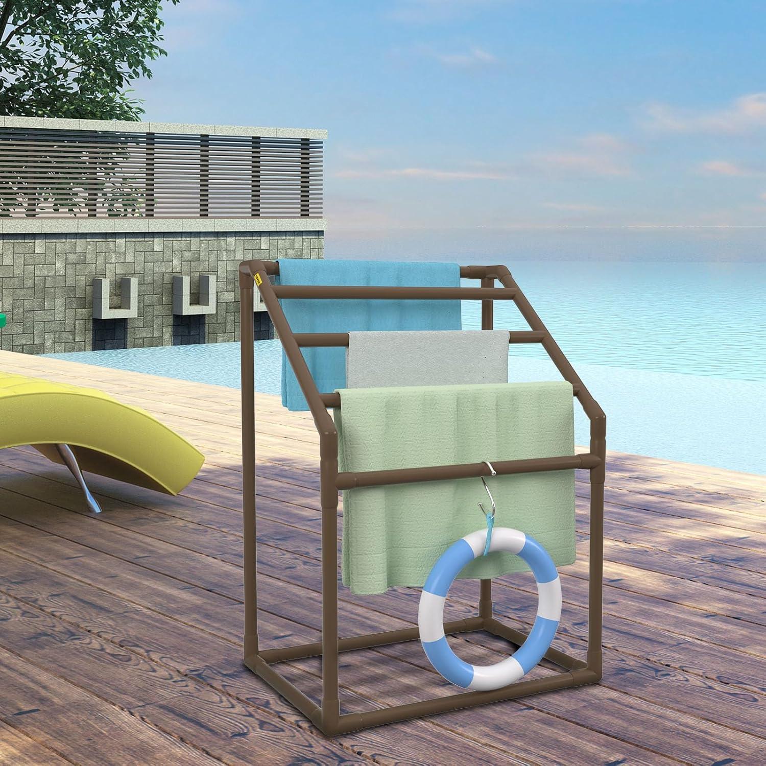 imageVEVOR Pool Towel Rack 5 Bar White Freestanding Outdoor PVC Trapedozal Poolside Storage Organizer Include 8 Towel Clips Mesh Bag Hook Also Stores Floats and Paddles for Beach Swimming PoolBrown