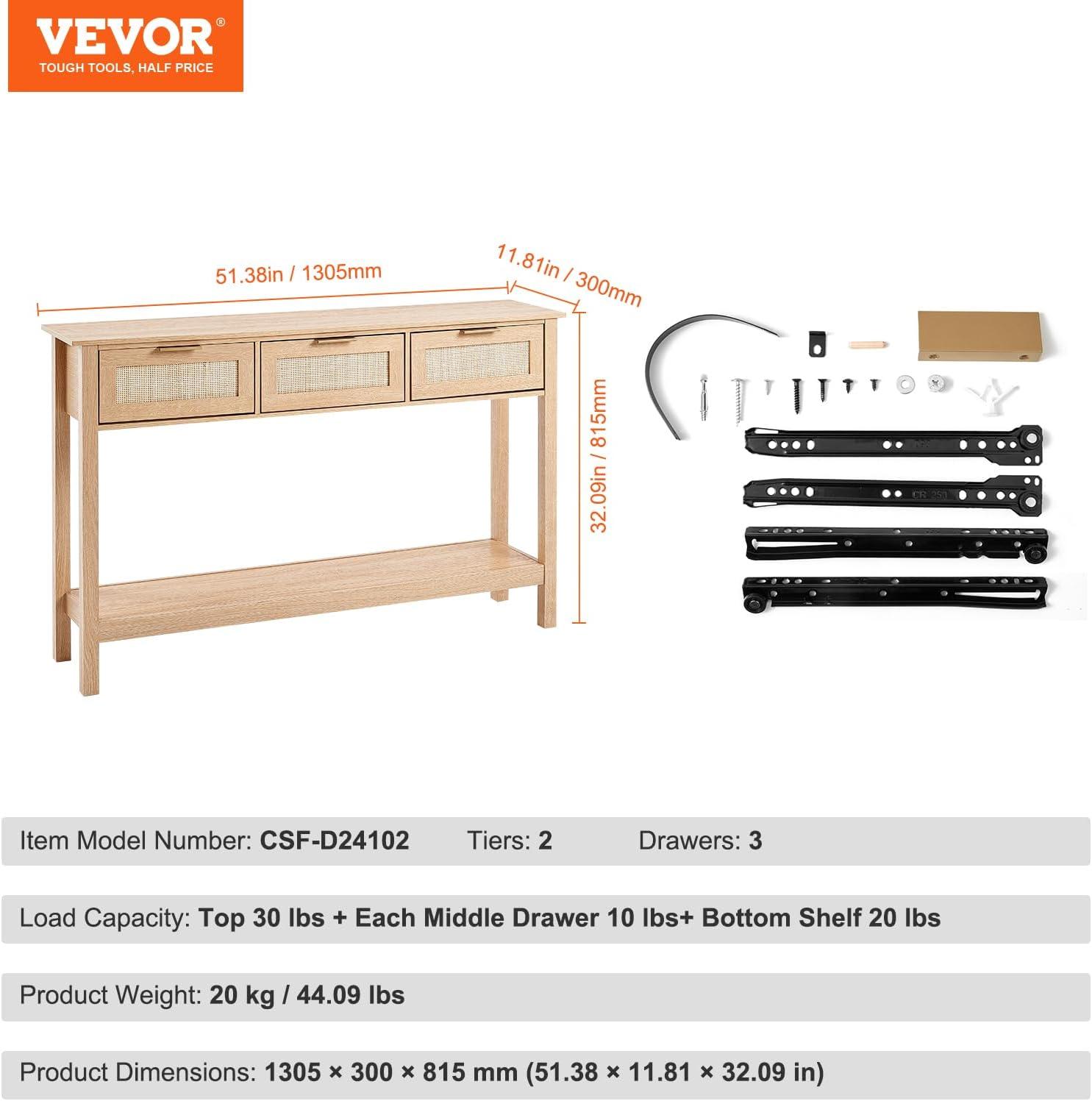 imageVEVOR Rattan Console Table Entryway Table with 3 Storage Drawers Hallway Table with Natural Rattan Sliding Door Console Sofa Table for Living Room Study Entryway Or TV Wall Natural