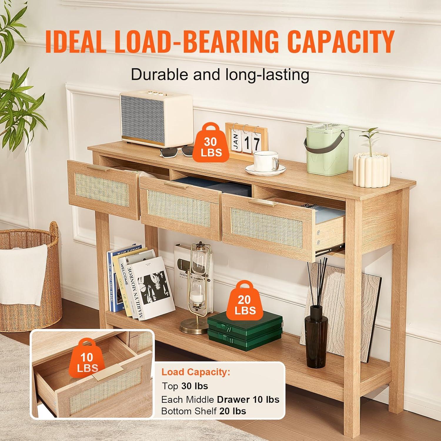 imageVEVOR Rattan Console Table Entryway Table with 3 Storage Drawers Hallway Table with Natural Rattan Sliding Door Console Sofa Table for Living Room Study Entryway Or TV Wall Natural