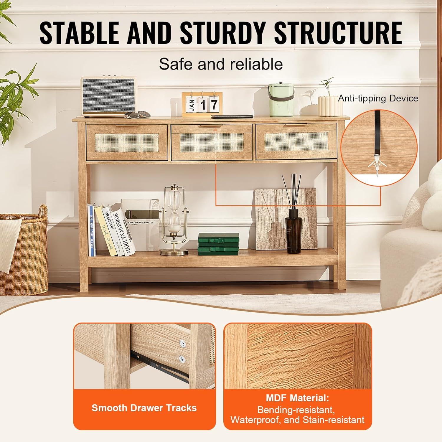 imageVEVOR Rattan Console Table Entryway Table with 3 Storage Drawers Hallway Table with Natural Rattan Sliding Door Console Sofa Table for Living Room Study Entryway Or TV Wall Natural