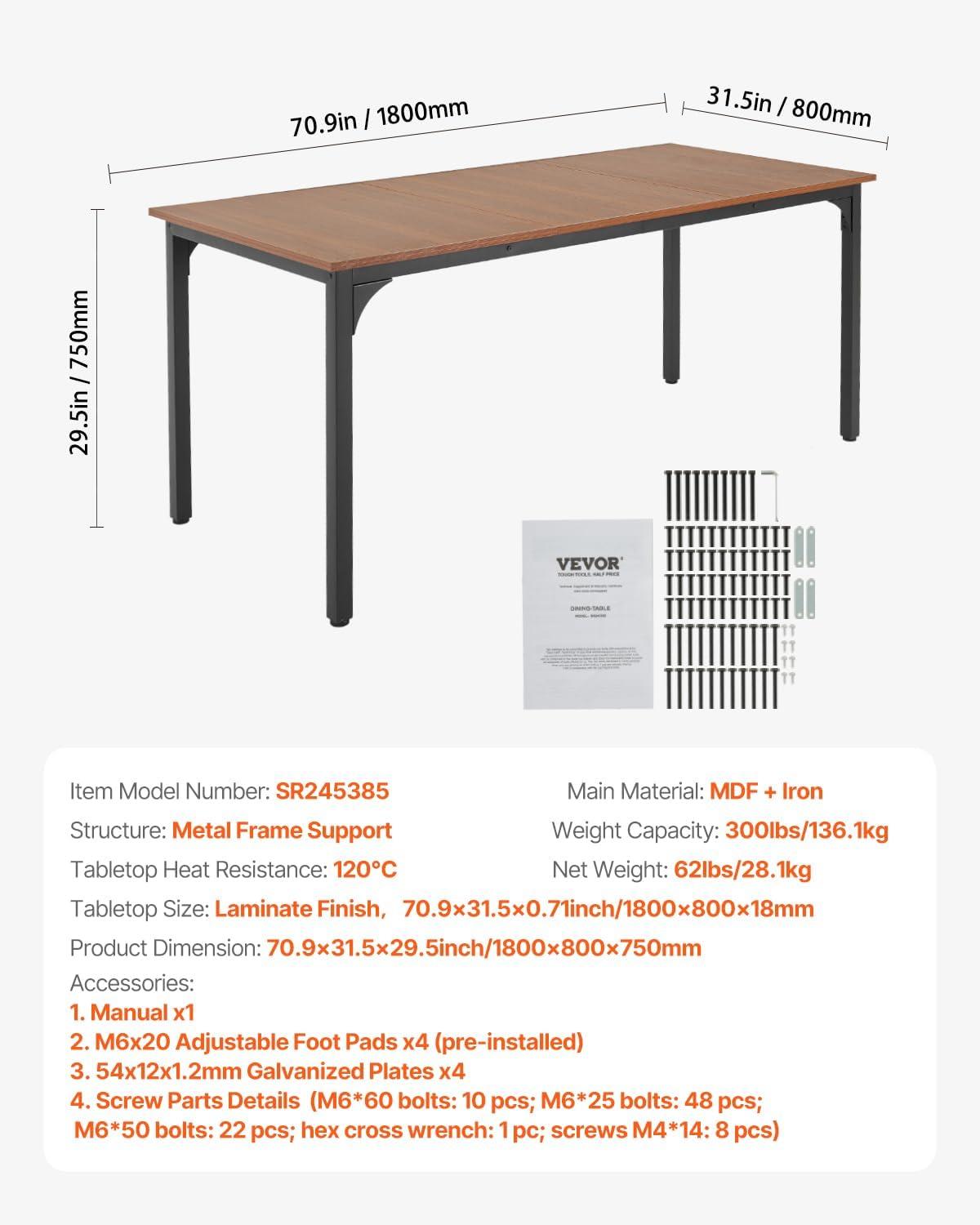 imageVEVOR Rectangle Dining Table 71 inch Length Large Wood Tables for 68 Person Farmhouse Dinner Furniture Rustic Conference Desk with Iron Legs for Home Kitchen Living Room BrownOnly Table