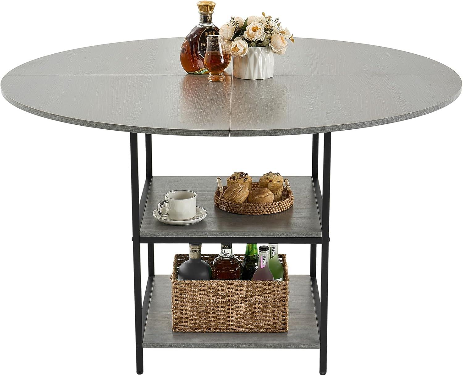 imageVEVOR Round Dining Table 47 inch Wood Table for 46 Person Modern Circle Dinner Furniture Leisure Tables with Storage Shelf and Metal Legs for Home Kitchen Living Room Grey Only Table