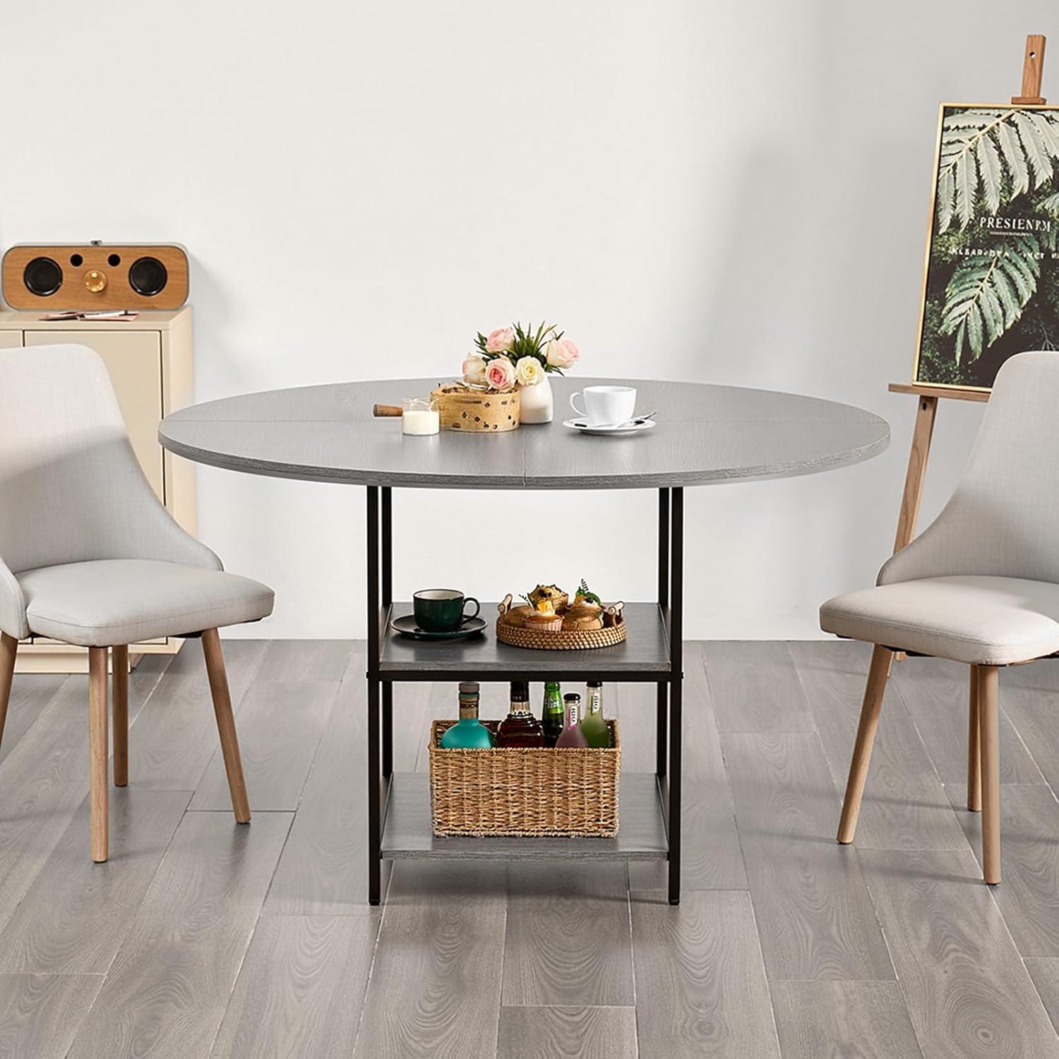 imageVEVOR Round Dining Table 47 inch Wood Table for 46 Person Modern Circle Dinner Furniture Leisure Tables with Storage Shelf and Metal Legs for Home Kitchen Living Room Grey Only Table