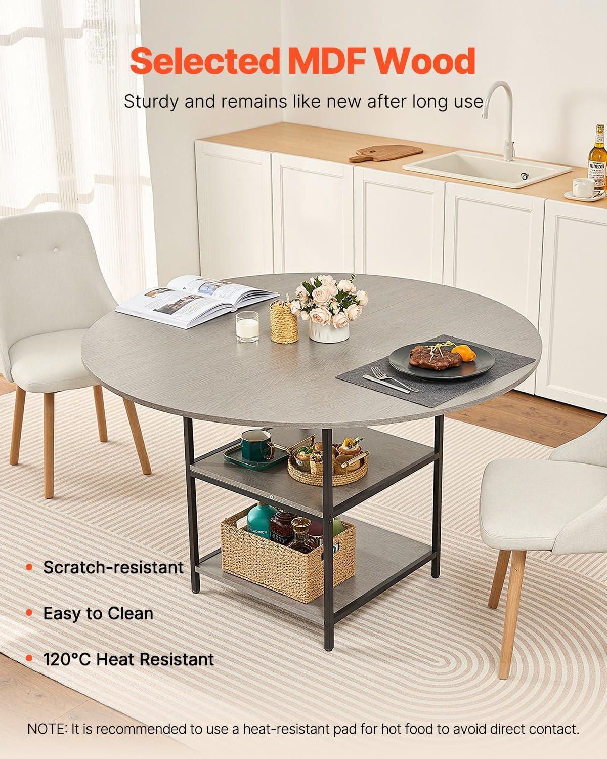 imageVEVOR Round Dining Table 47 inch Wood Table for 46 Person Modern Circle Dinner Furniture Leisure Tables with Storage Shelf and Metal Legs for Home Kitchen Living Room Grey Only Table