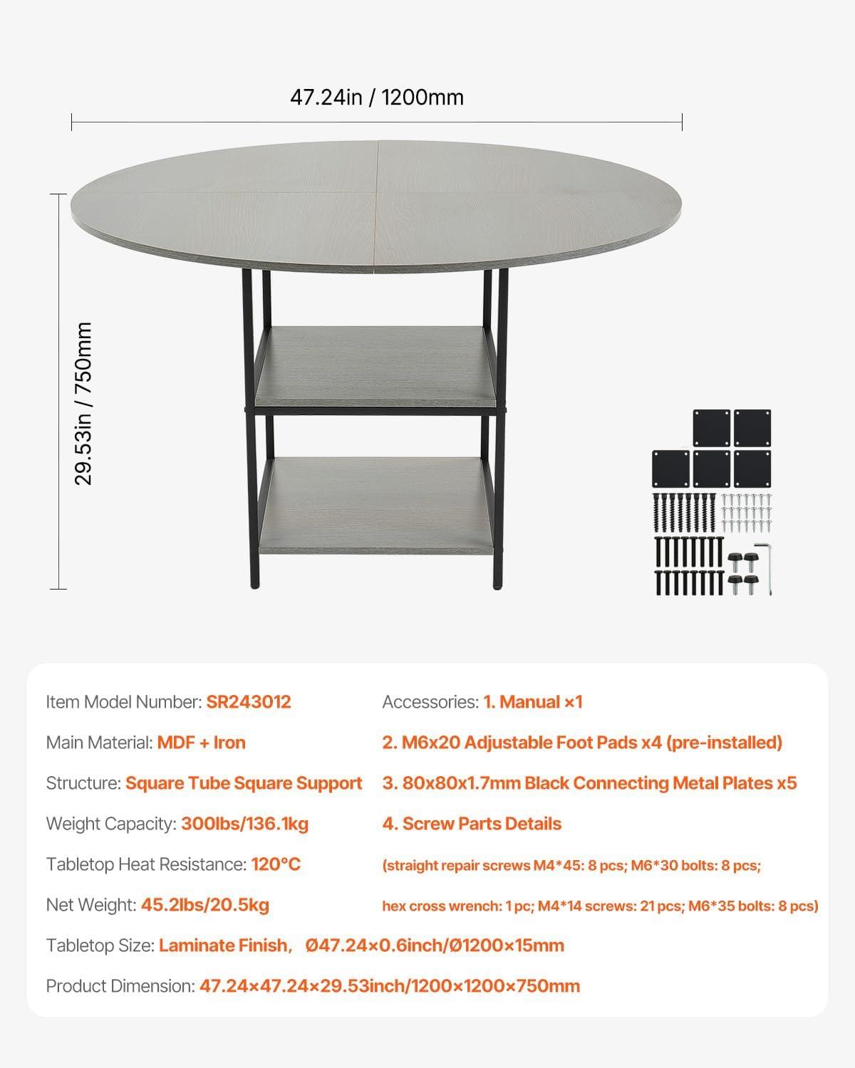 imageVEVOR Round Dining Table 47 inch Wood Table for 46 Person Modern Circle Dinner Furniture Leisure Tables with Storage Shelf and Metal Legs for Home Kitchen Living Room Grey Only Table