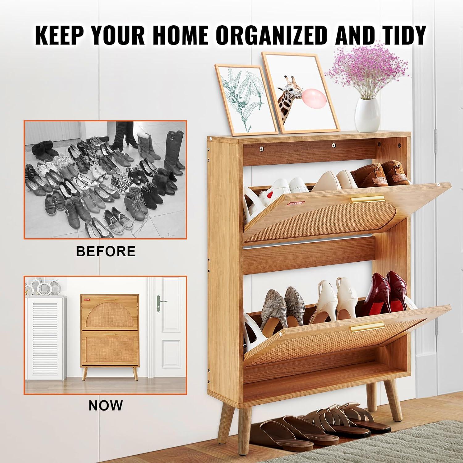 imageVEVOR Shoe Cabinet with 2 Flip Drawers Shoe Storage Cabinet for Entryway Free Standing Shoe Storage Organizer with Rattan Doors for Heels Boots Slippers in Hallway Living Room2362D x 661W x 3453H