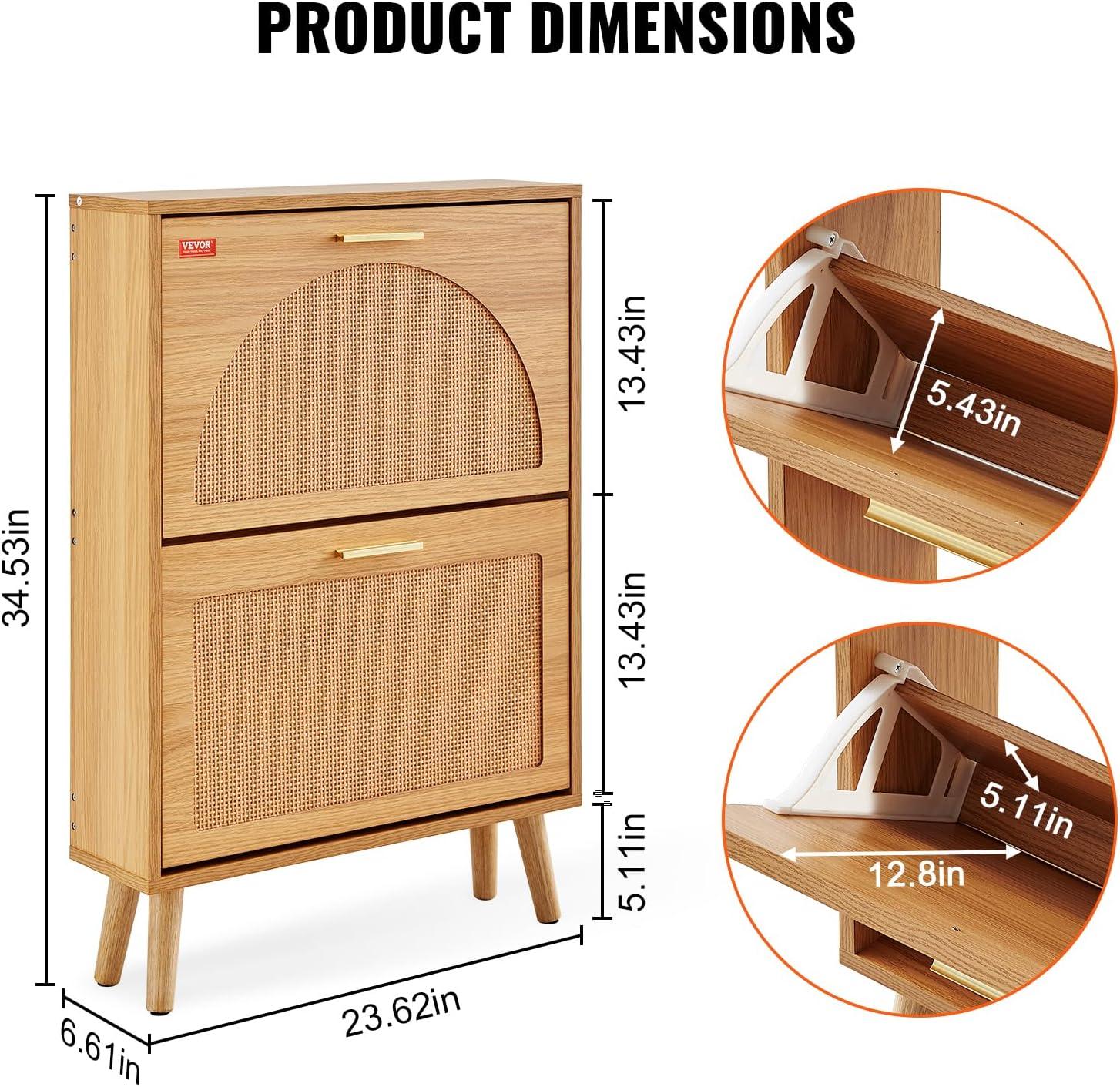 imageVEVOR Shoe Cabinet with 2 Flip Drawers Shoe Storage Cabinet for Entryway Free Standing Shoe Storage Organizer with Rattan Doors for Heels Boots Slippers in Hallway Living Room2362D x 661W x 3453H