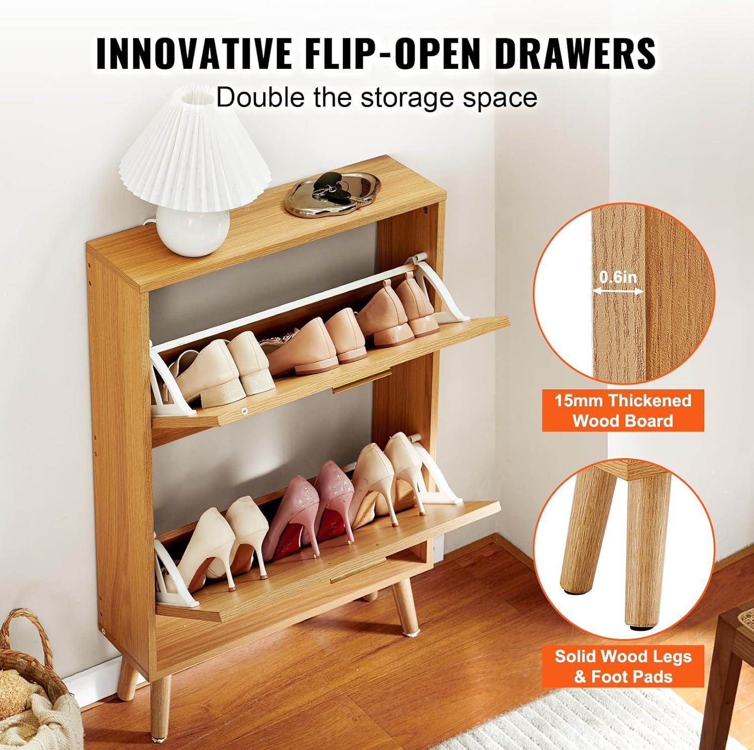 imageVEVOR Shoe Cabinet with 2 Flip Drawers Shoe Storage Cabinet for Entryway Free Standing Shoe Storage Organizer with Rattan Doors for Heels Boots Slippers in Hallway Living Room2362D x 661W x 3453H