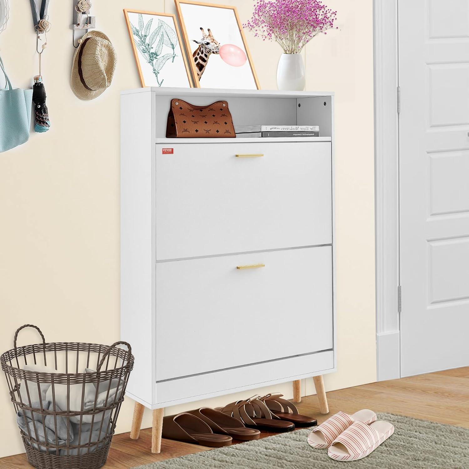 imageVEVOR Shoe Cabinet with 2 Flip Drawers Shoe Storage Cabinet for Entryway Free Standing Shoe Storage Organizer with Rattan Doors for Heels Boots Slippers in Hallway Living Room315D x 94W x 473H