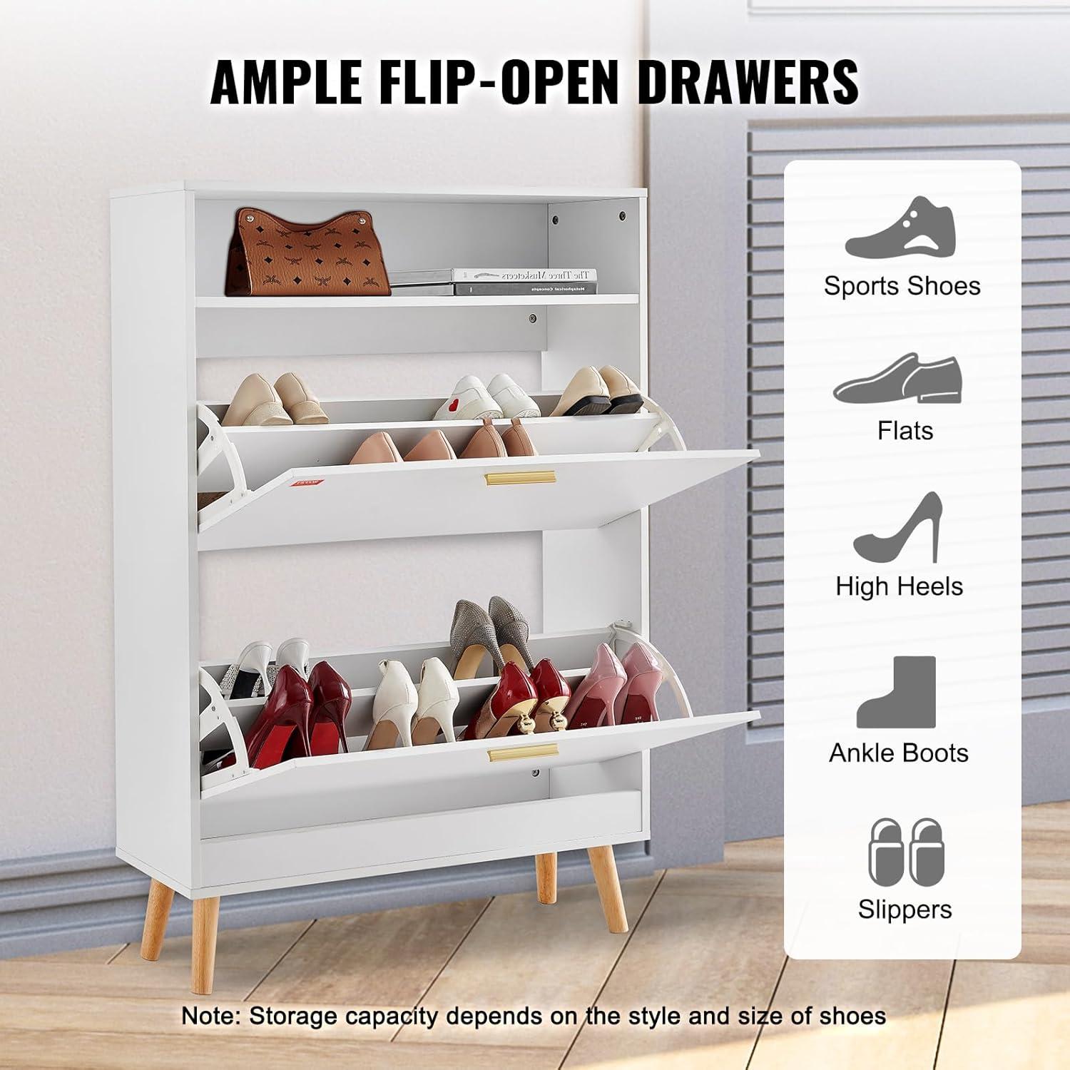 imageVEVOR Shoe Cabinet with 2 Flip Drawers Shoe Storage Cabinet for Entryway Free Standing Shoe Storage Organizer with Rattan Doors for Heels Boots Slippers in Hallway Living Room315D x 94W x 473H