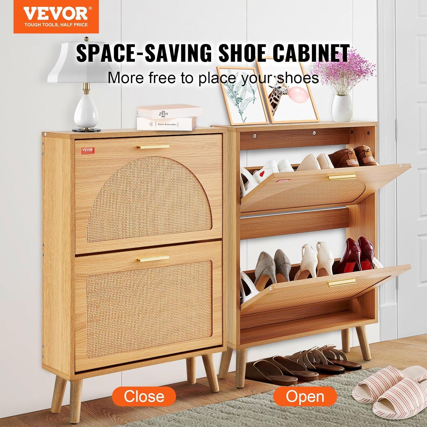 imageVEVOR Shoe Cabinet with 2 Flip Drawers Shoe Storage Cabinet for Entryway Free Standing Shoe Storage Organizer with Rattan Doors for Heels Boots Slippers in Hallway Living Room2362D x 661W x 3453H
