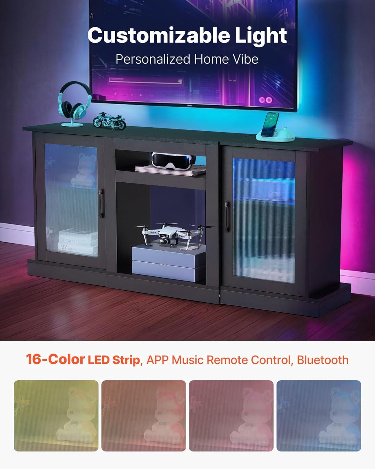 imageVEVOR TV Stand for TVs up to 65 inch Modern Entertainment Center with Light Strip Wooden TV Cabinet Storage with Glass Doors and Adjustable Shelves Console Table for Living Room and Bedroom Black