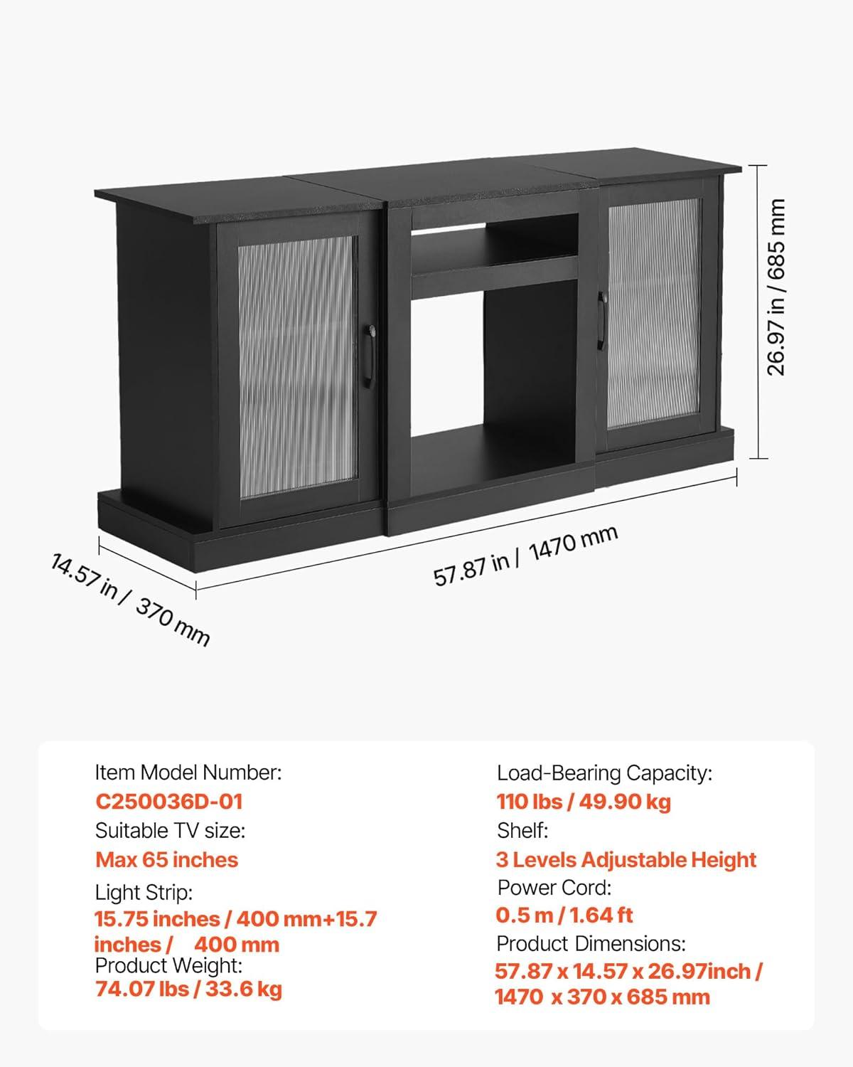 imageVEVOR TV Stand for TVs up to 65 inch Modern Entertainment Center with Light Strip Wooden TV Cabinet Storage with Glass Doors and Adjustable Shelves Console Table for Living Room and Bedroom Black