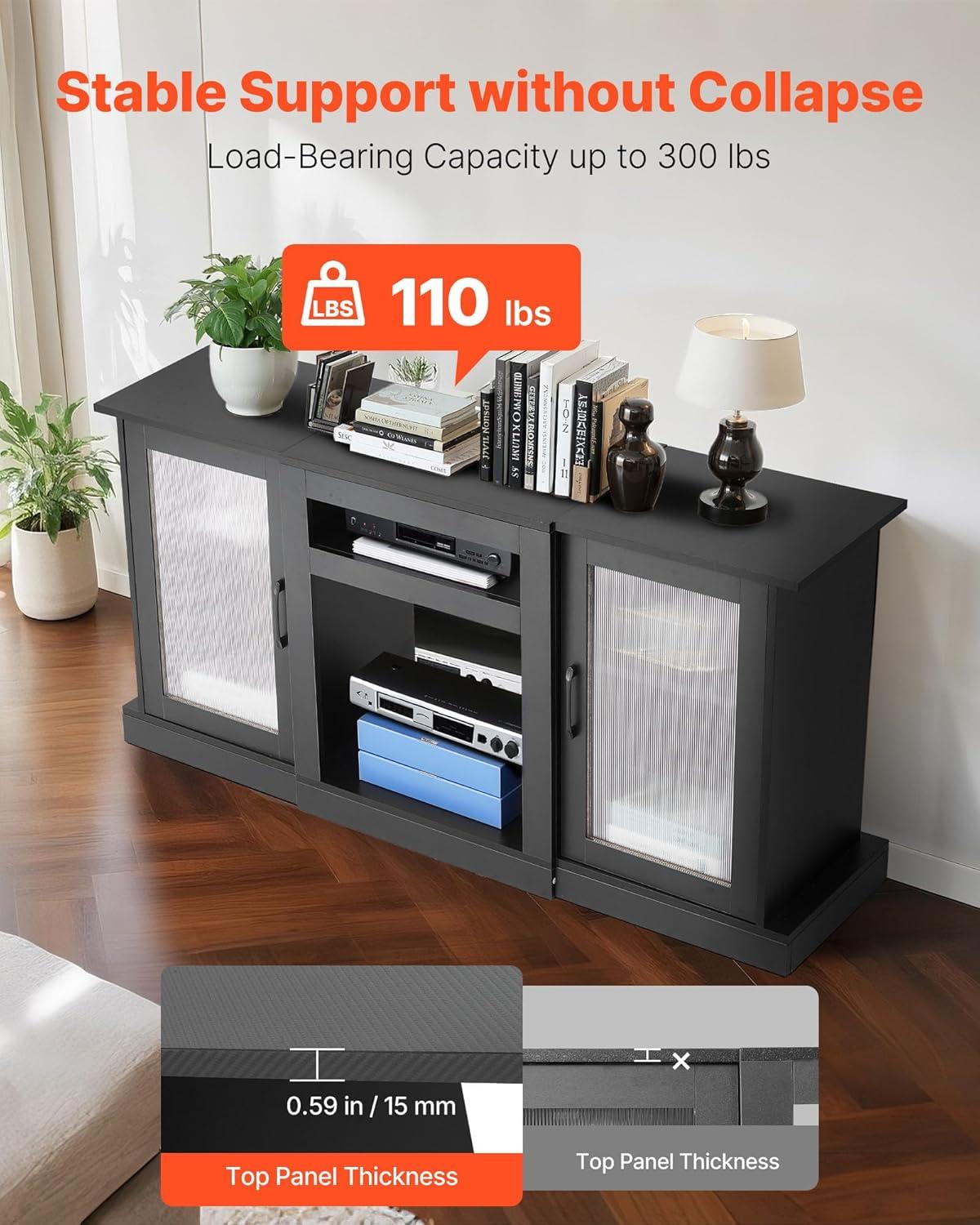 imageVEVOR TV Stand for TVs up to 65 inch Modern Entertainment Center with Light Strip Wooden TV Cabinet Storage with Glass Doors and Adjustable Shelves Console Table for Living Room and Bedroom Black